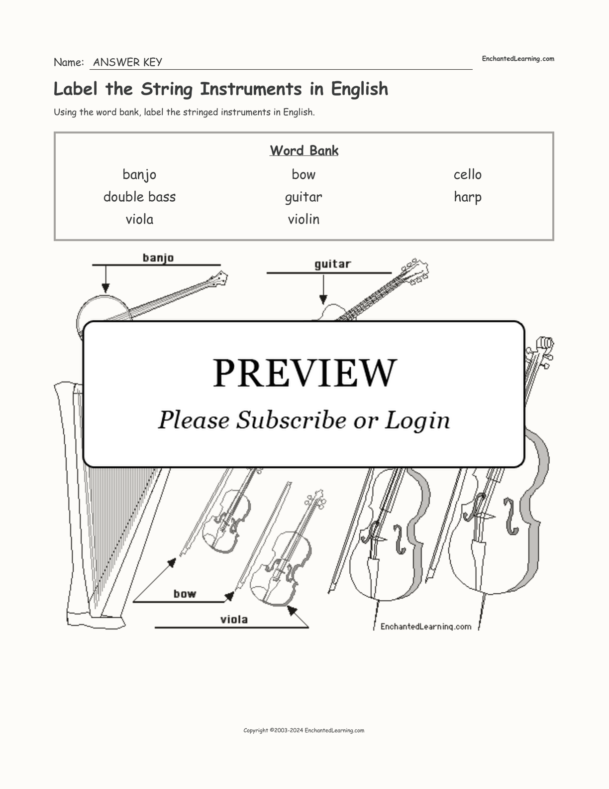 Label the String Instruments in English interactive worksheet page 2