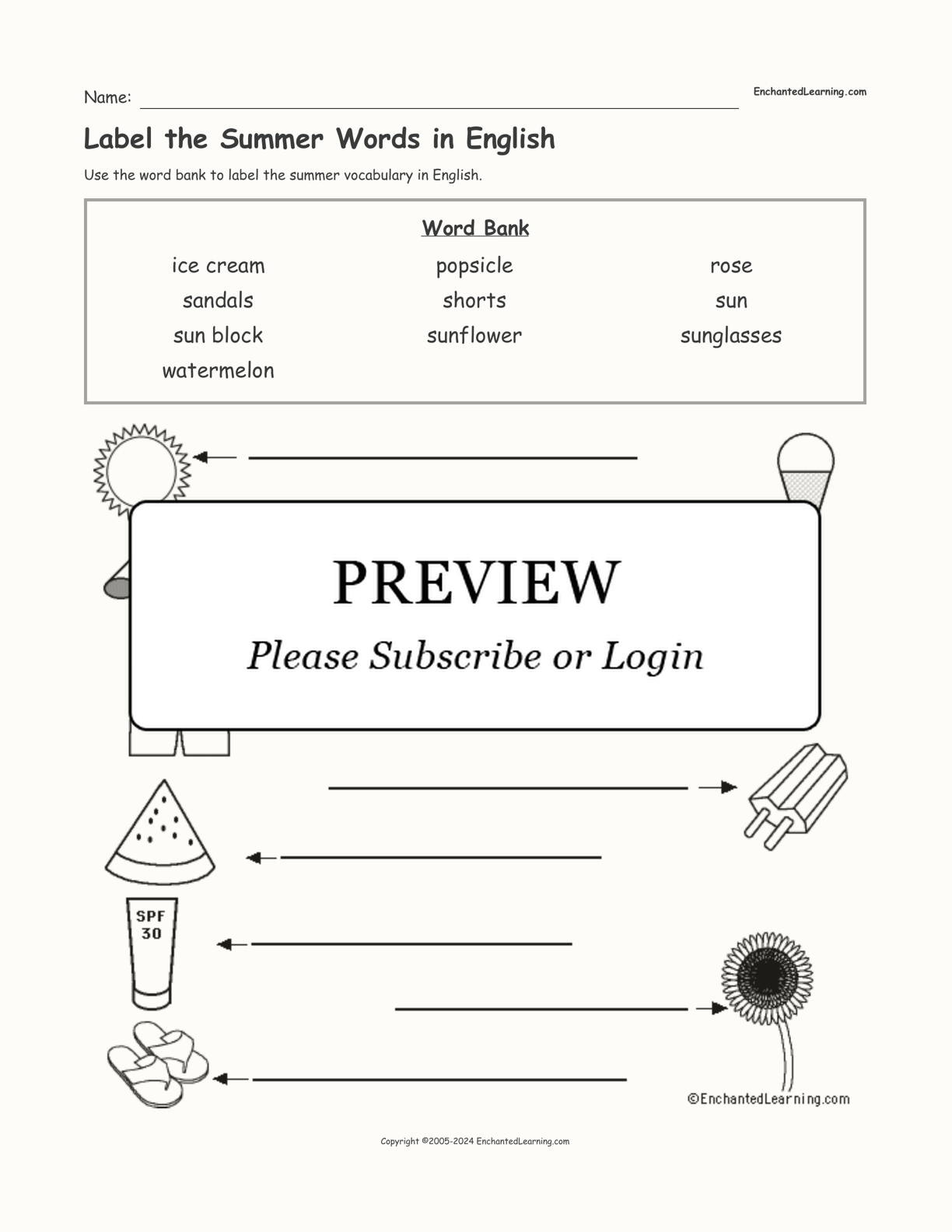Label the Summer Words in English interactive worksheet page 1