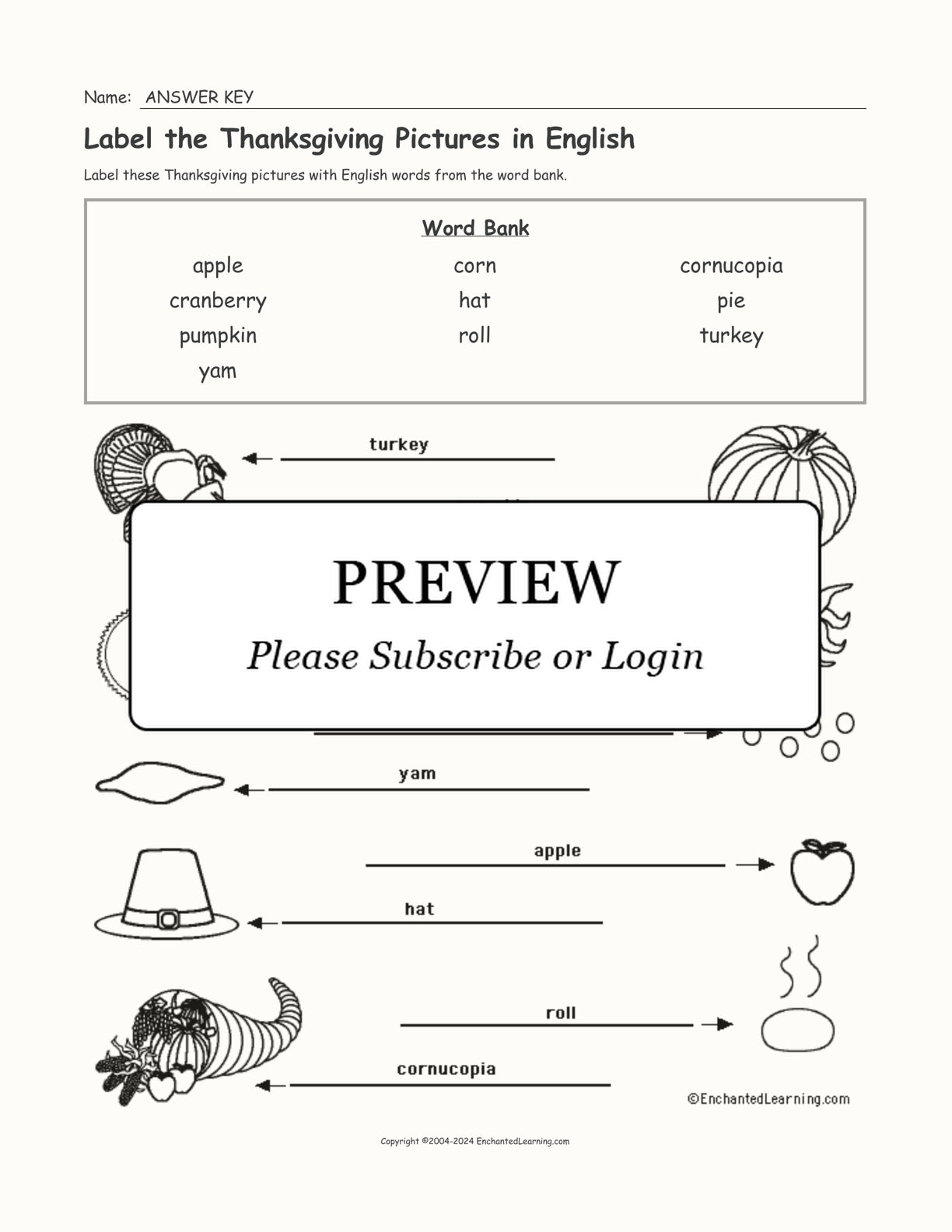 Label the Thanksgiving Pictures in English interactive worksheet page 2