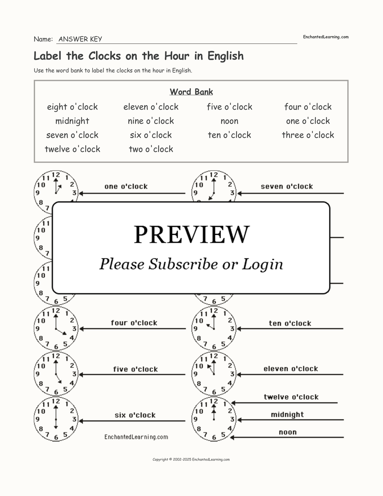 Label the Clocks on the Hour in English interactive worksheet page 2