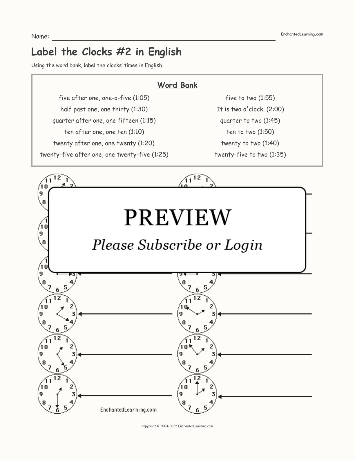 Label the Clocks #2 in English interactive worksheet page 1