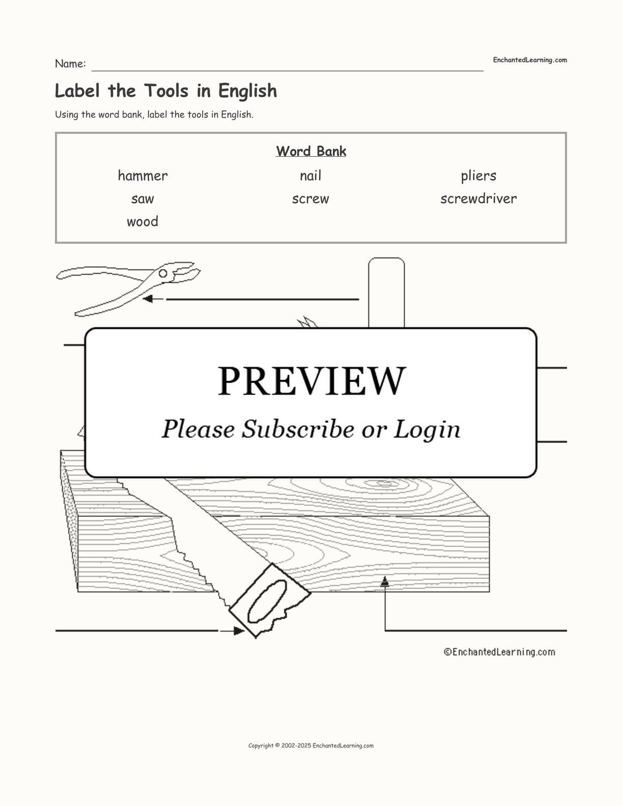 Label the Tools in English interactive worksheet page 1