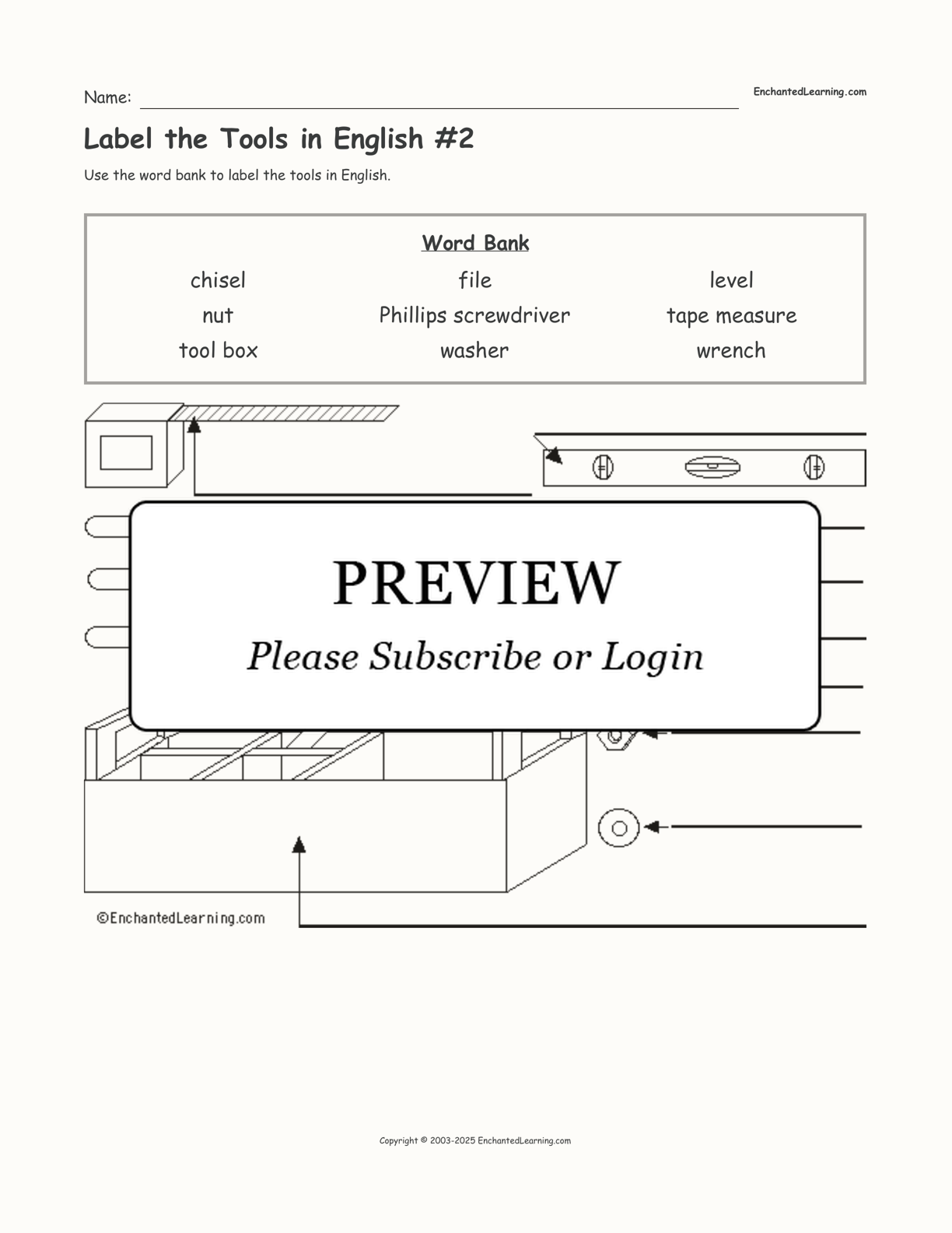 Label the Tools in English #2 interactive worksheet page 1