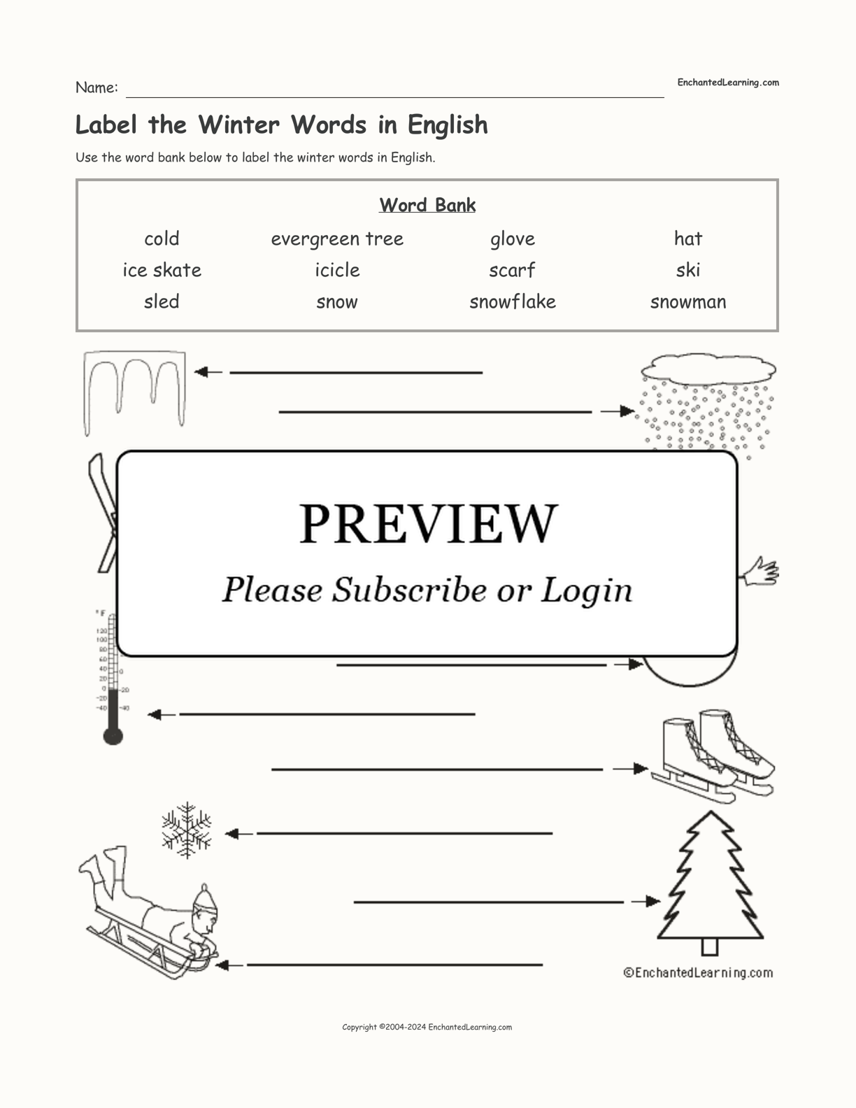 Label the Winter Words in English interactive worksheet page 1