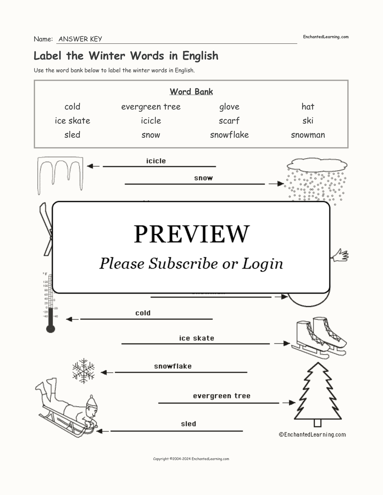 Label the Winter Words in English interactive worksheet page 2