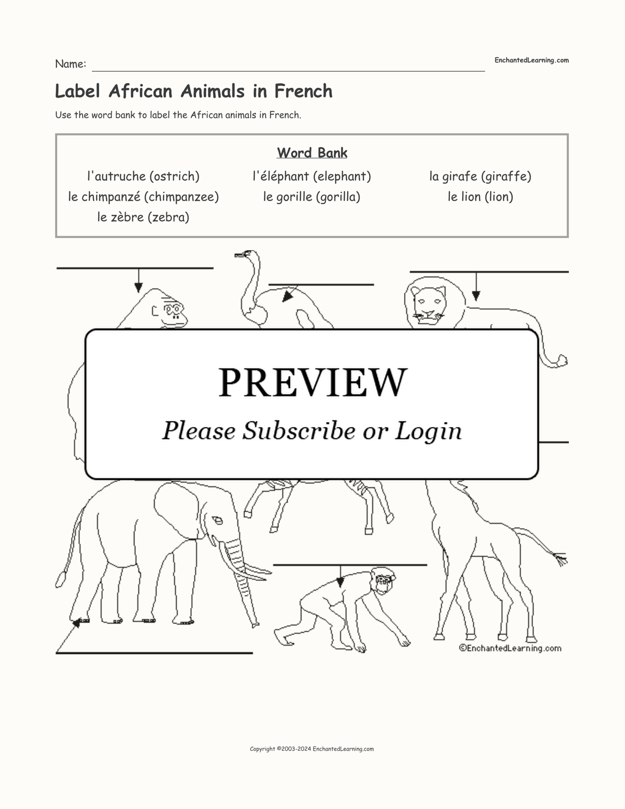 Label African Animals in French interactive worksheet page 1