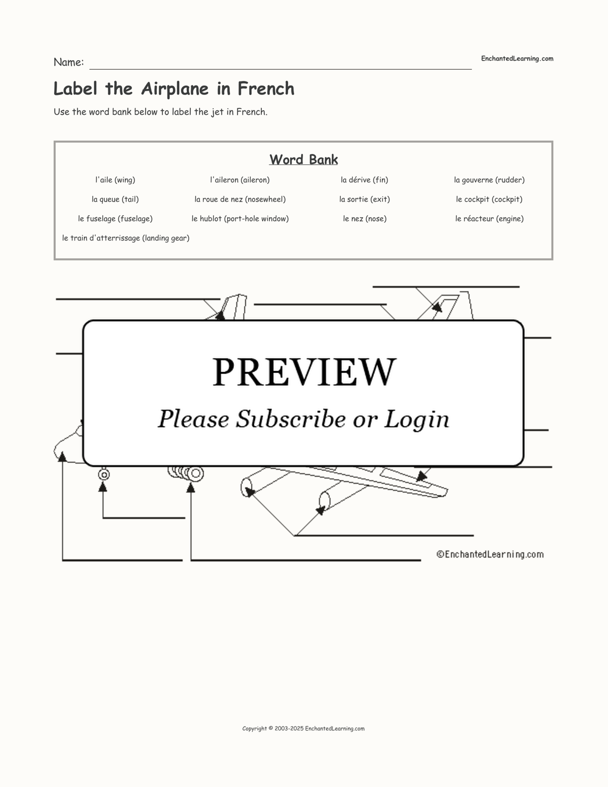 Label the Airplane in French interactive worksheet page 1