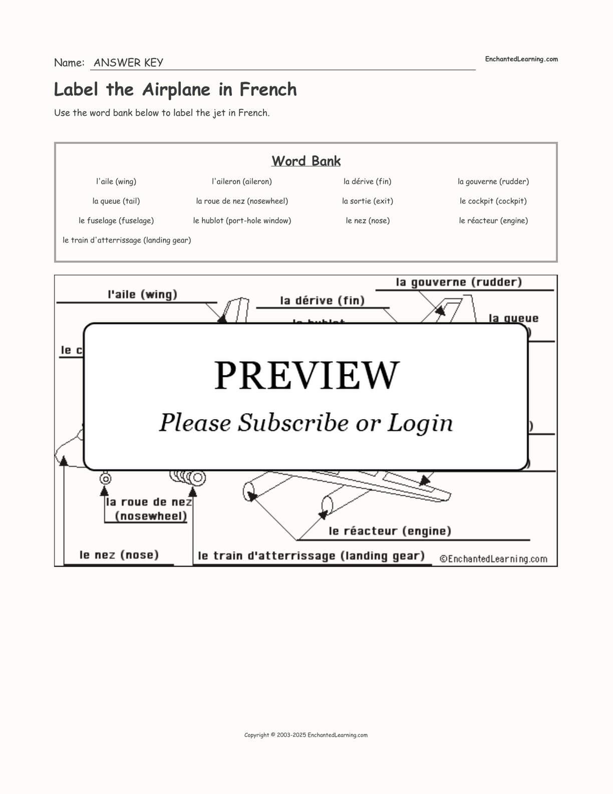 Label the Airplane in French interactive worksheet page 2