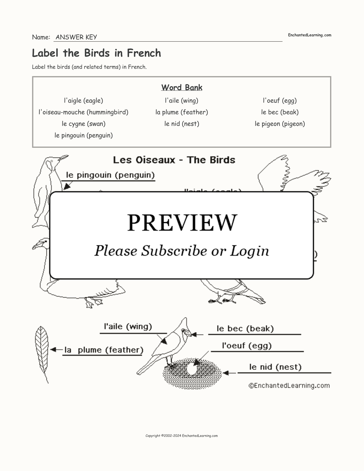 Label the Birds in French interactive worksheet page 2