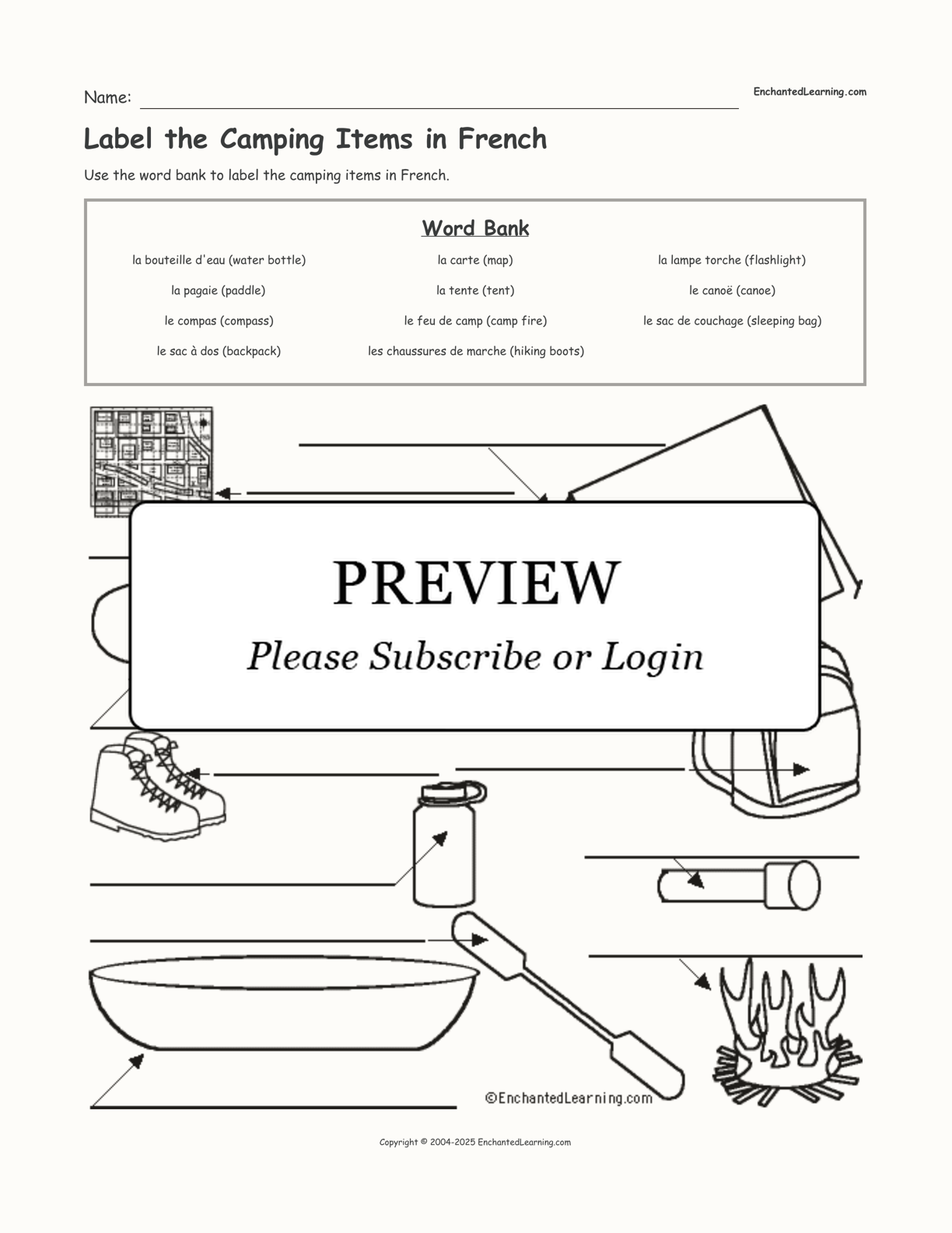 Label the Camping Items in French interactive worksheet page 1