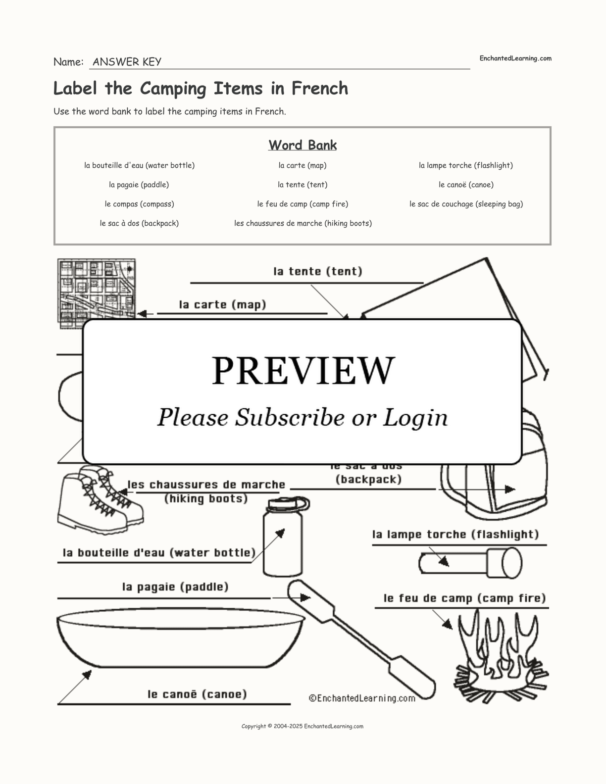 Label the Camping Items in French interactive worksheet page 2