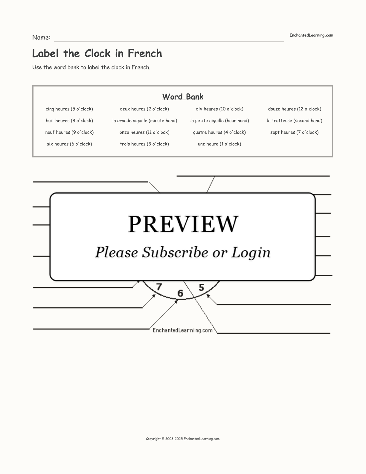 Label the Clock in French interactive worksheet page 1