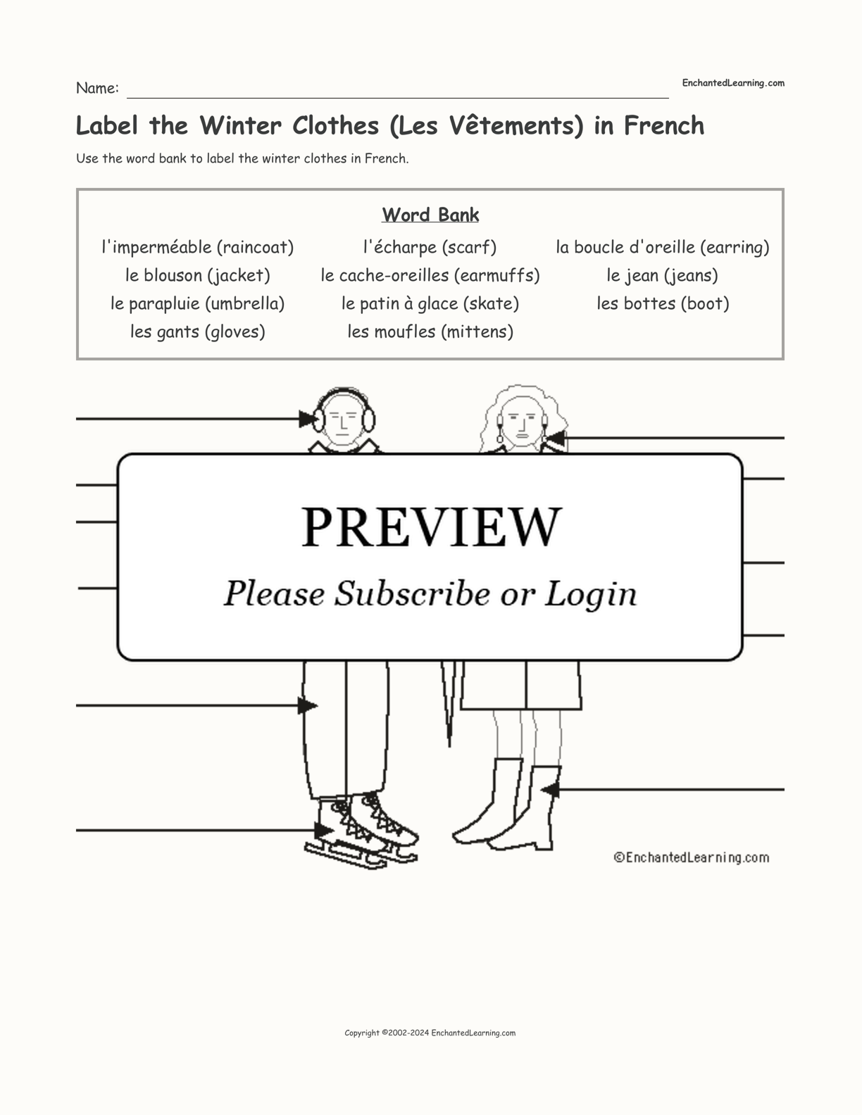 Label the Winter Clothes (Les Vêtements) in French interactive worksheet page 1
