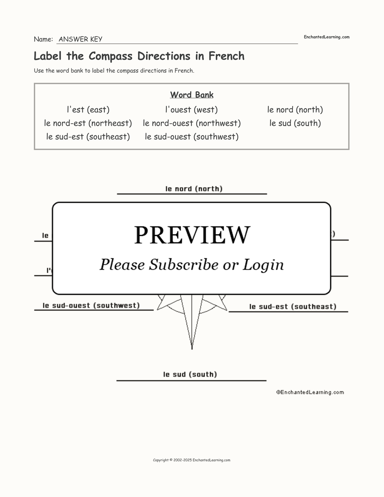 Label the Compass Directions in French interactive worksheet page 2