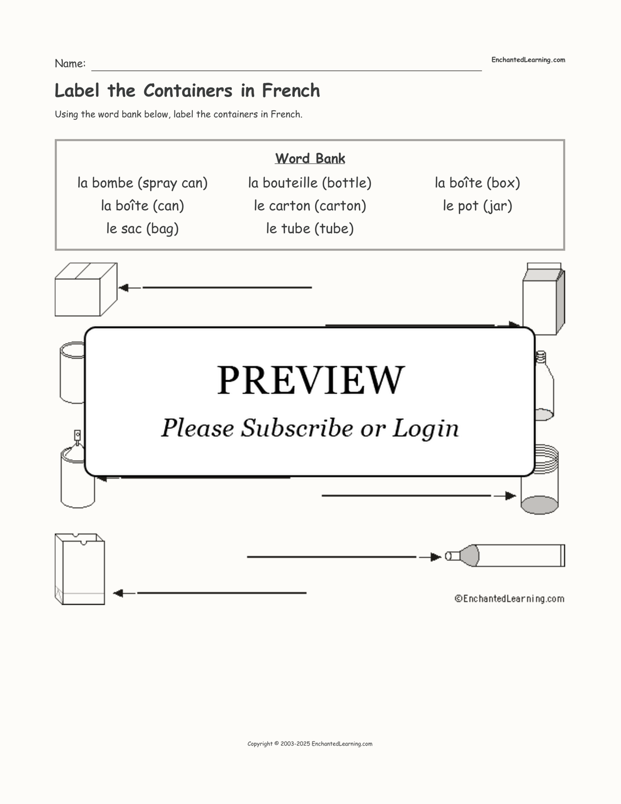 Label the Containers in French interactive worksheet page 1