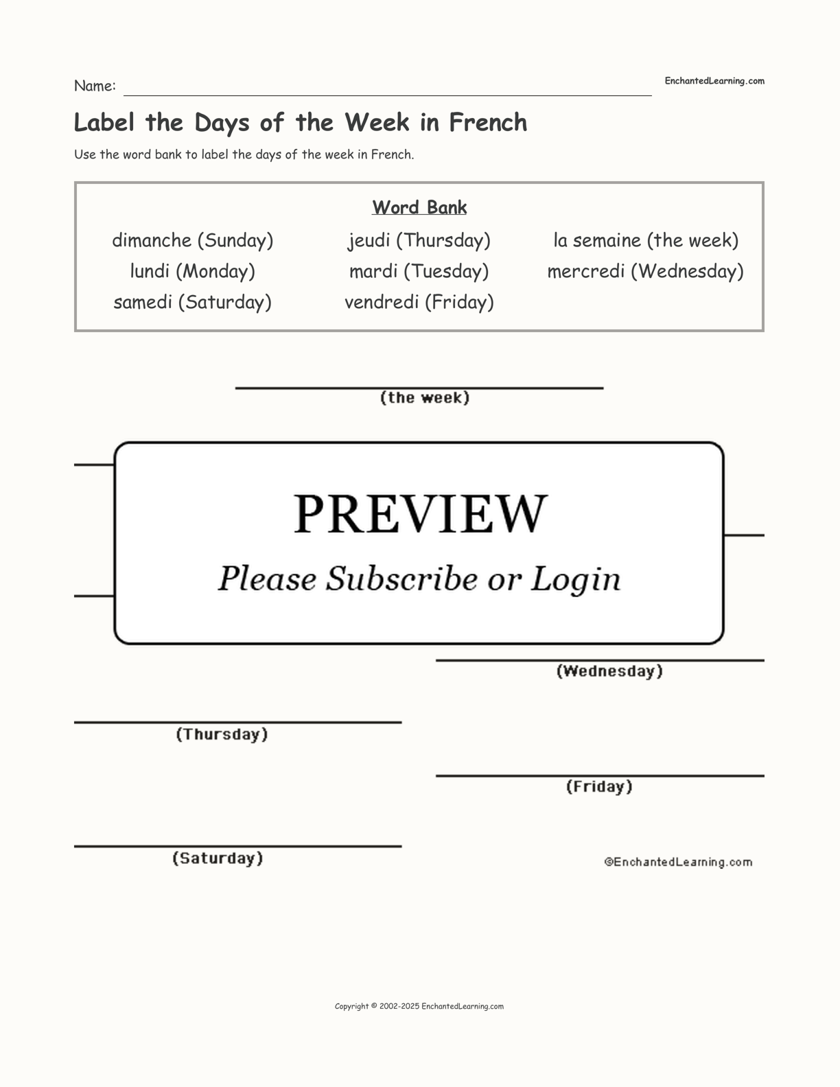 Label the Days of the Week in French interactive worksheet page 1