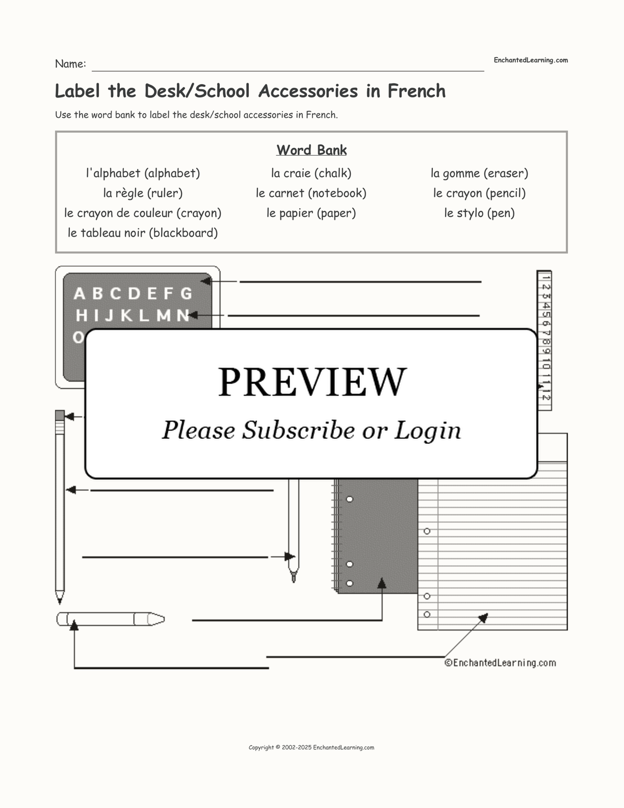 Label the Desk/School Accessories in French interactive worksheet page 1