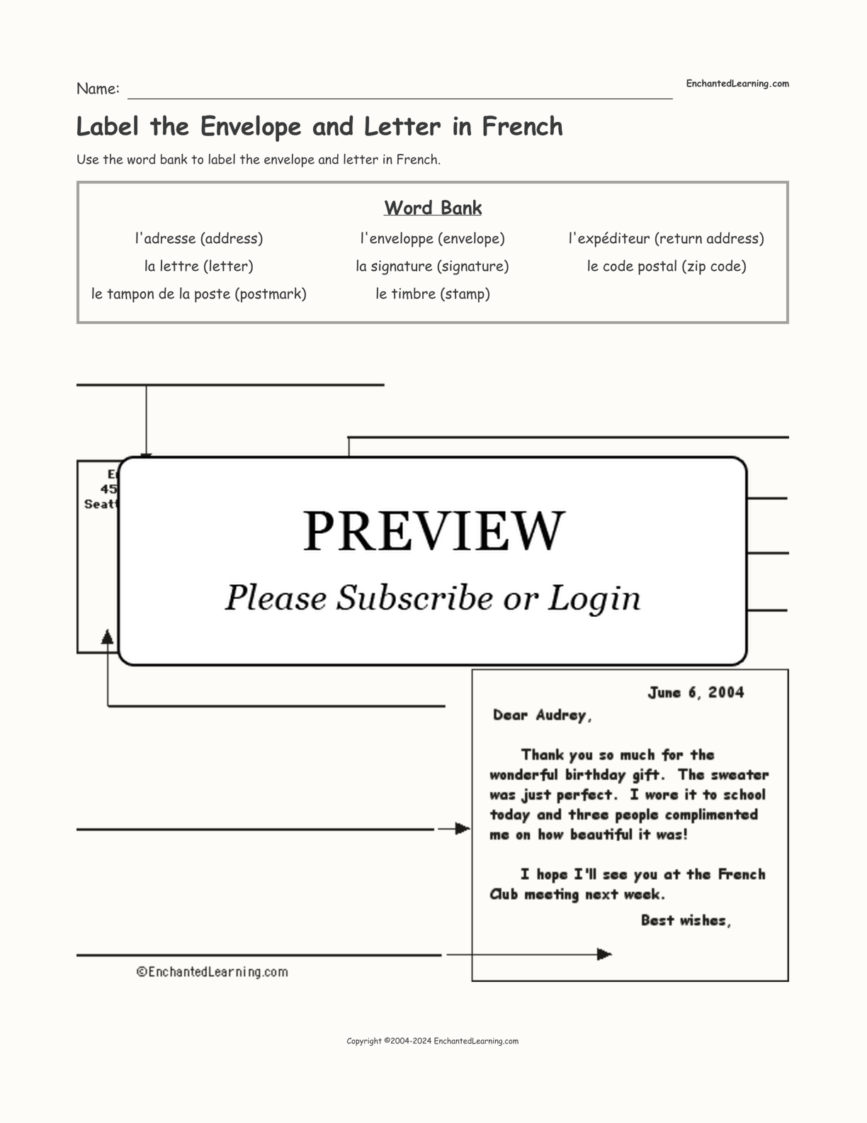Label the Envelope and Letter in French interactive worksheet page 1