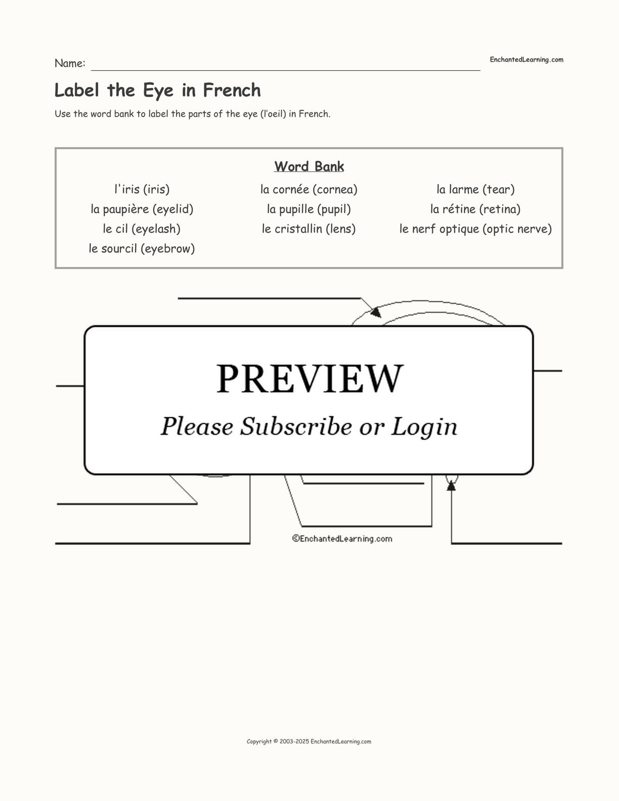 Label the Eye in French interactive worksheet page 1