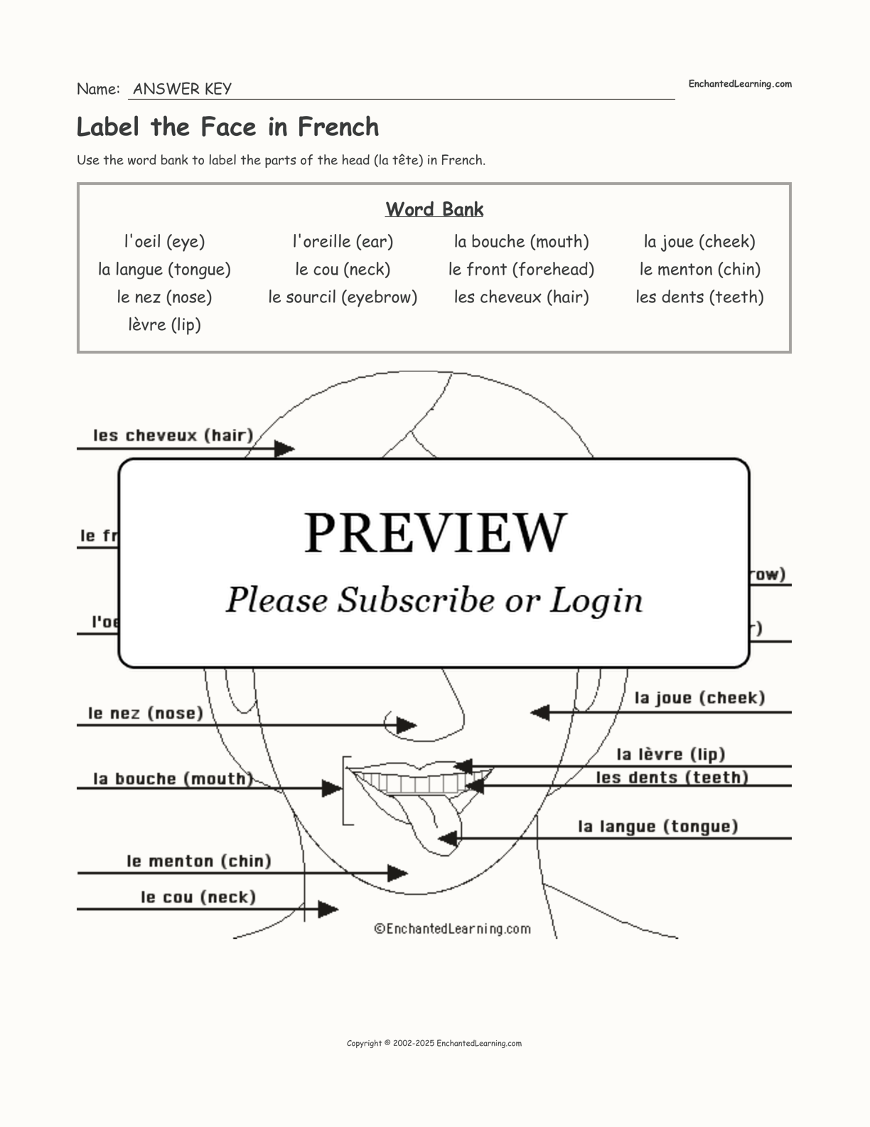 Label the Face in French interactive worksheet page 2