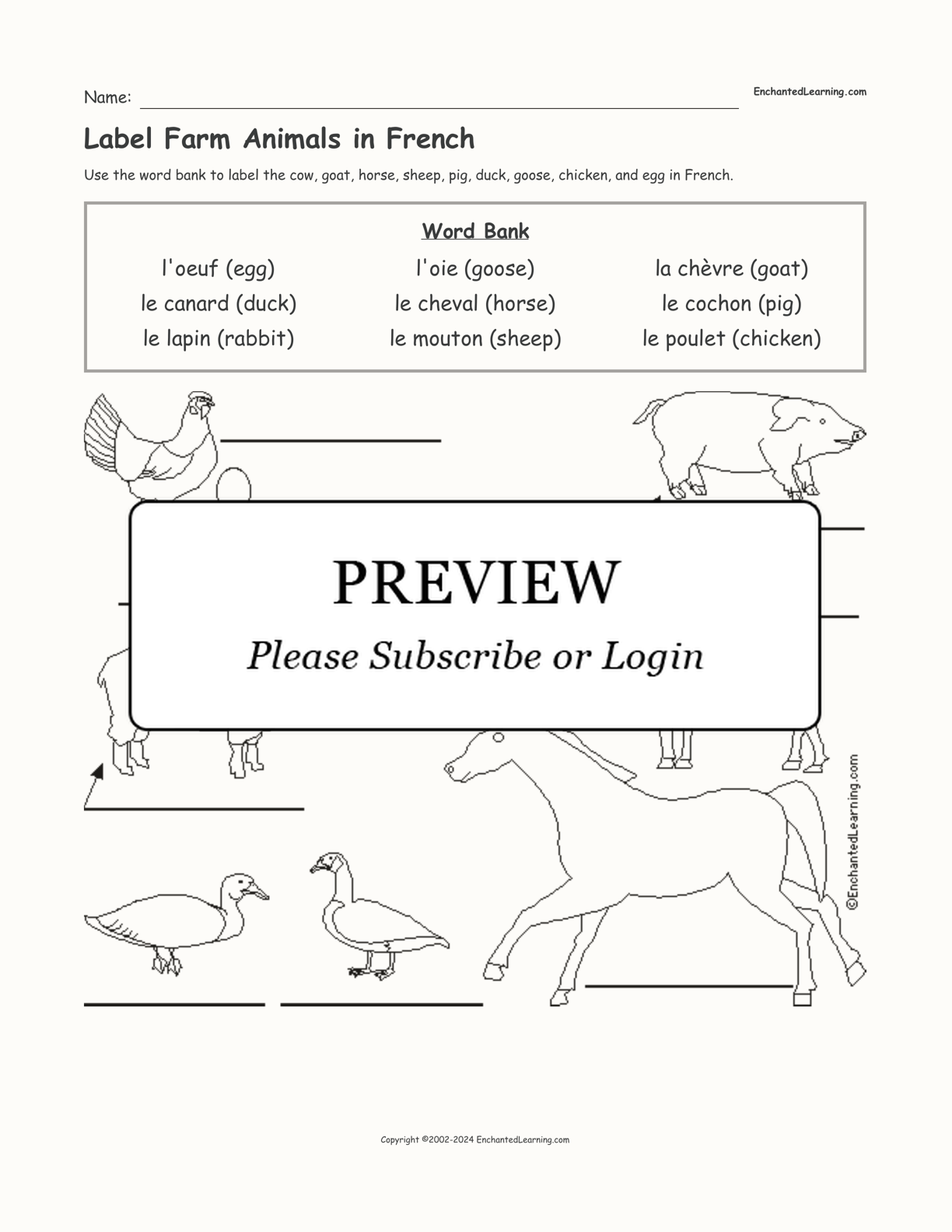 Label Farm Animals in French interactive worksheet page 1