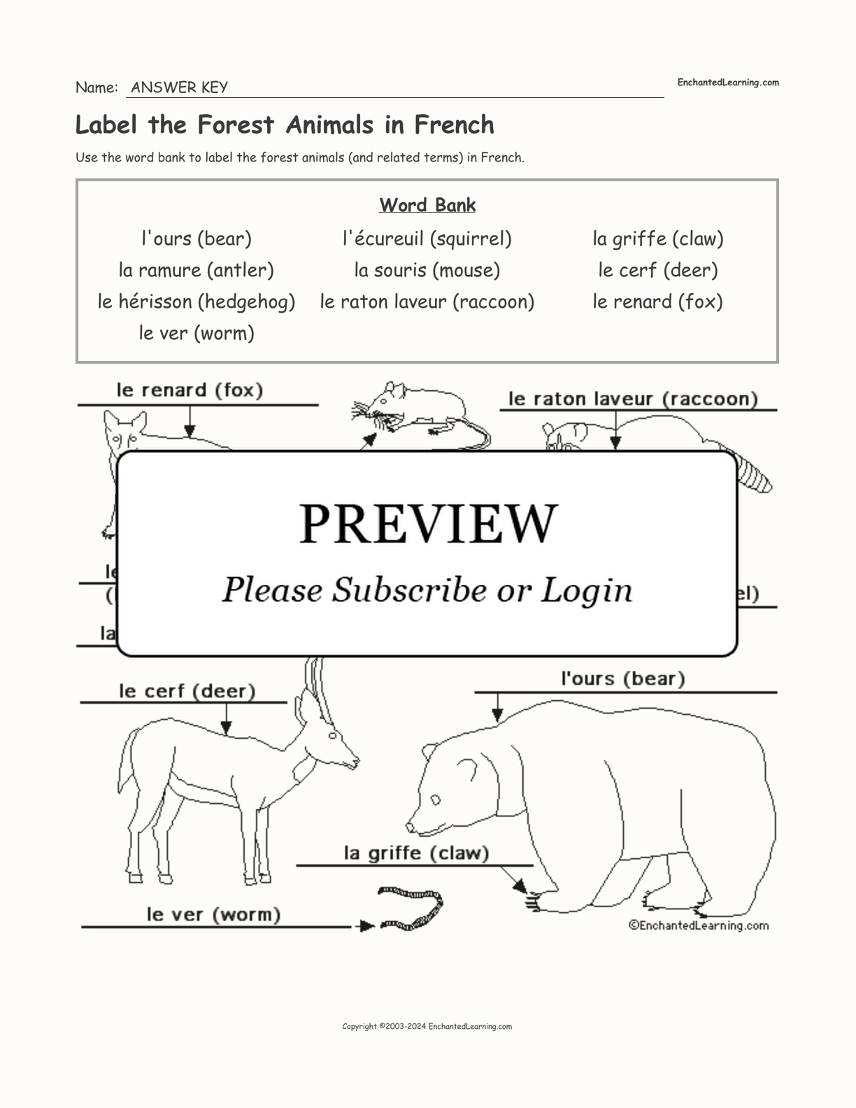 Label the Forest Animals in French interactive worksheet page 2