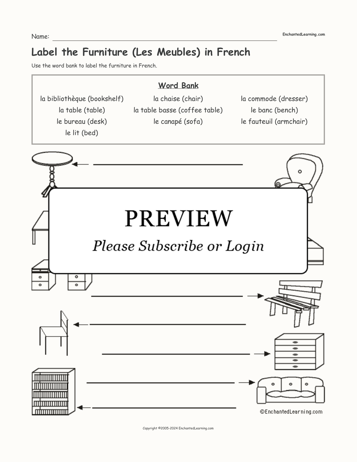 Label the Furniture (Les Meubles) in French interactive worksheet page 1