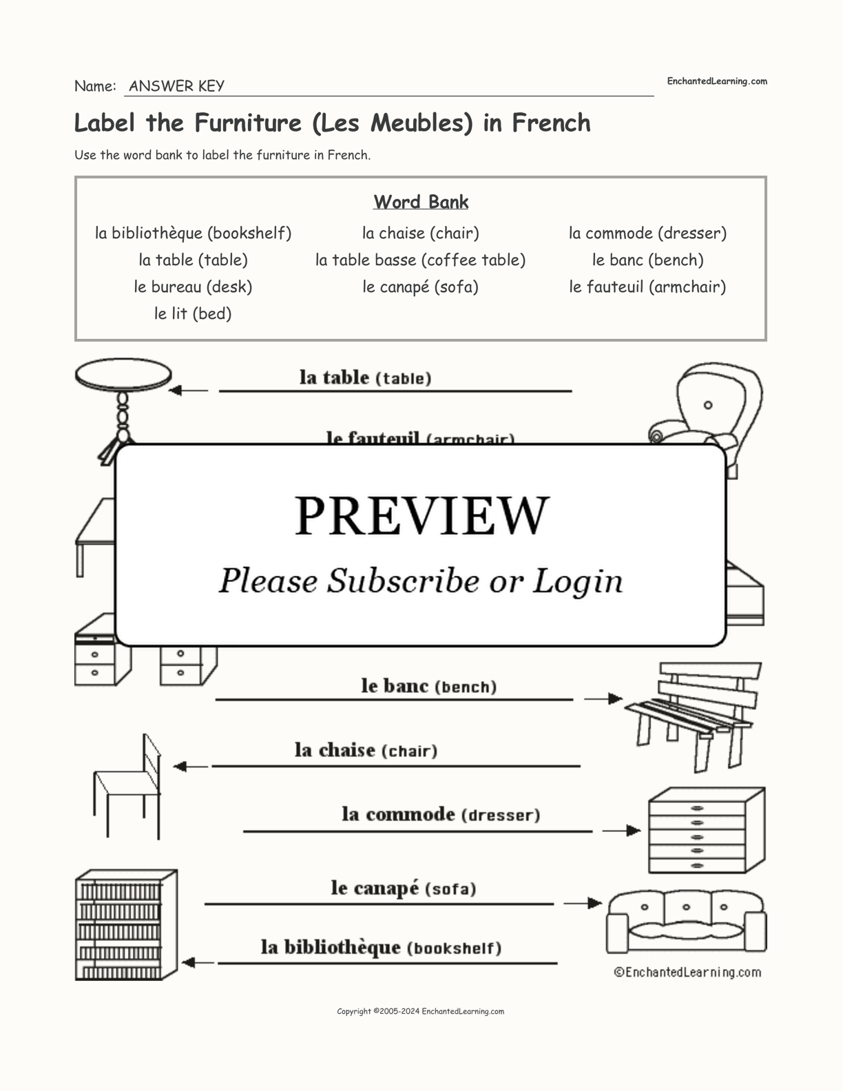 Label the Furniture (Les Meubles) in French interactive worksheet page 2