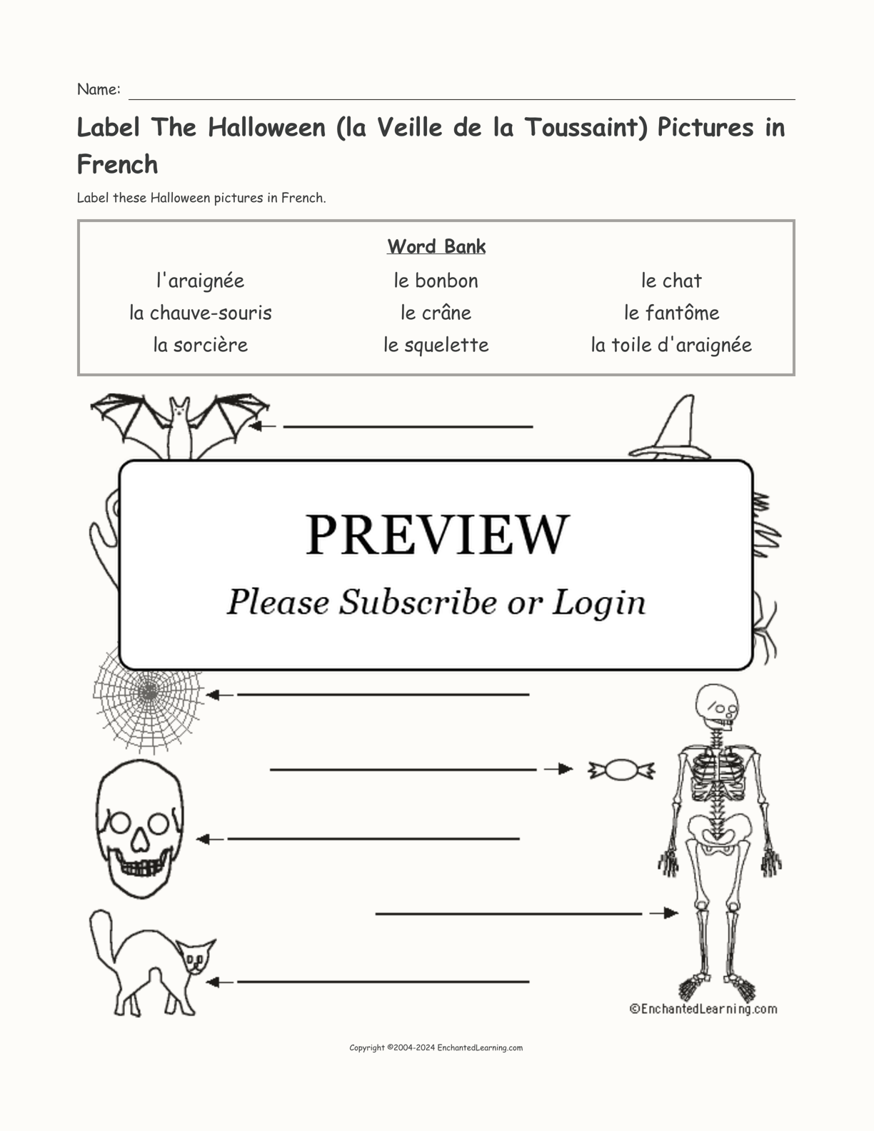 Label The Halloween (la Veille de la Toussaint) Pictures in French interactive worksheet page 1