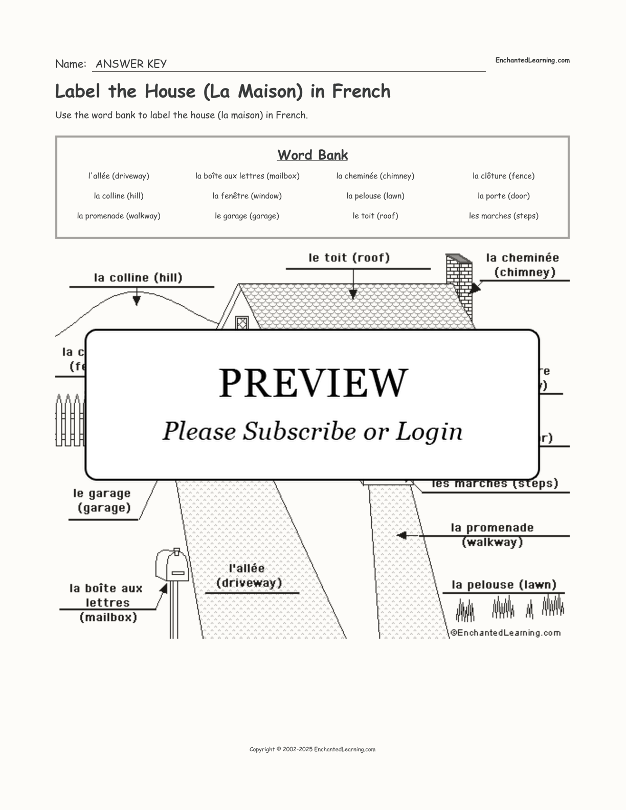 Label the House (La Maison) in French interactive worksheet page 2