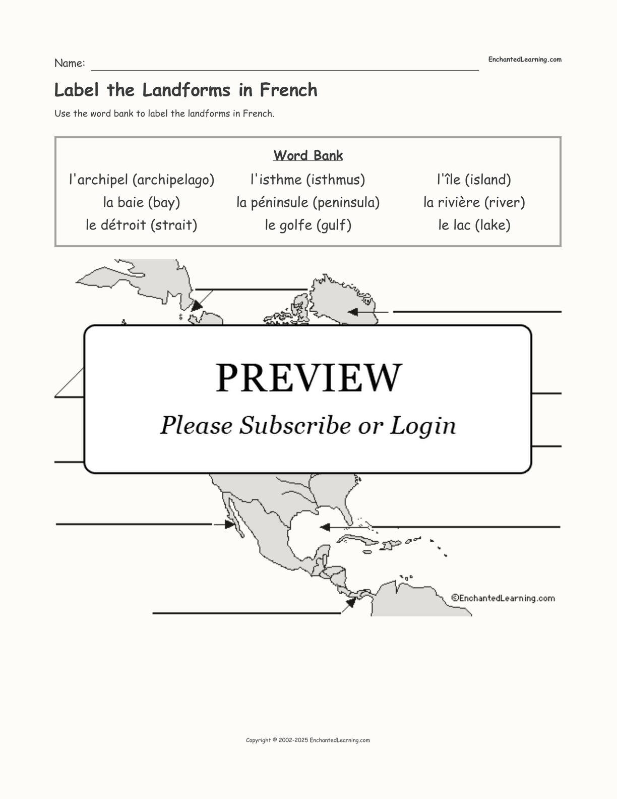 Label the Landforms in French interactive worksheet page 1