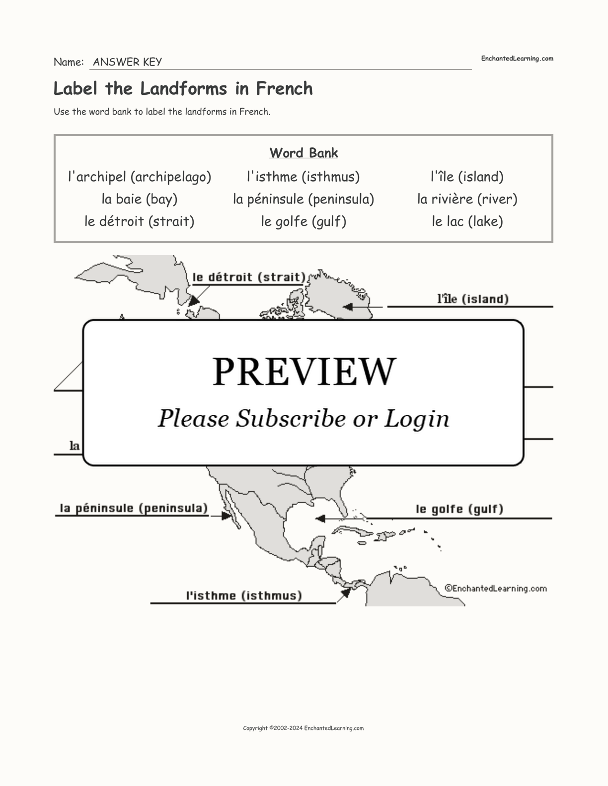 Label the Landforms in French interactive worksheet page 2