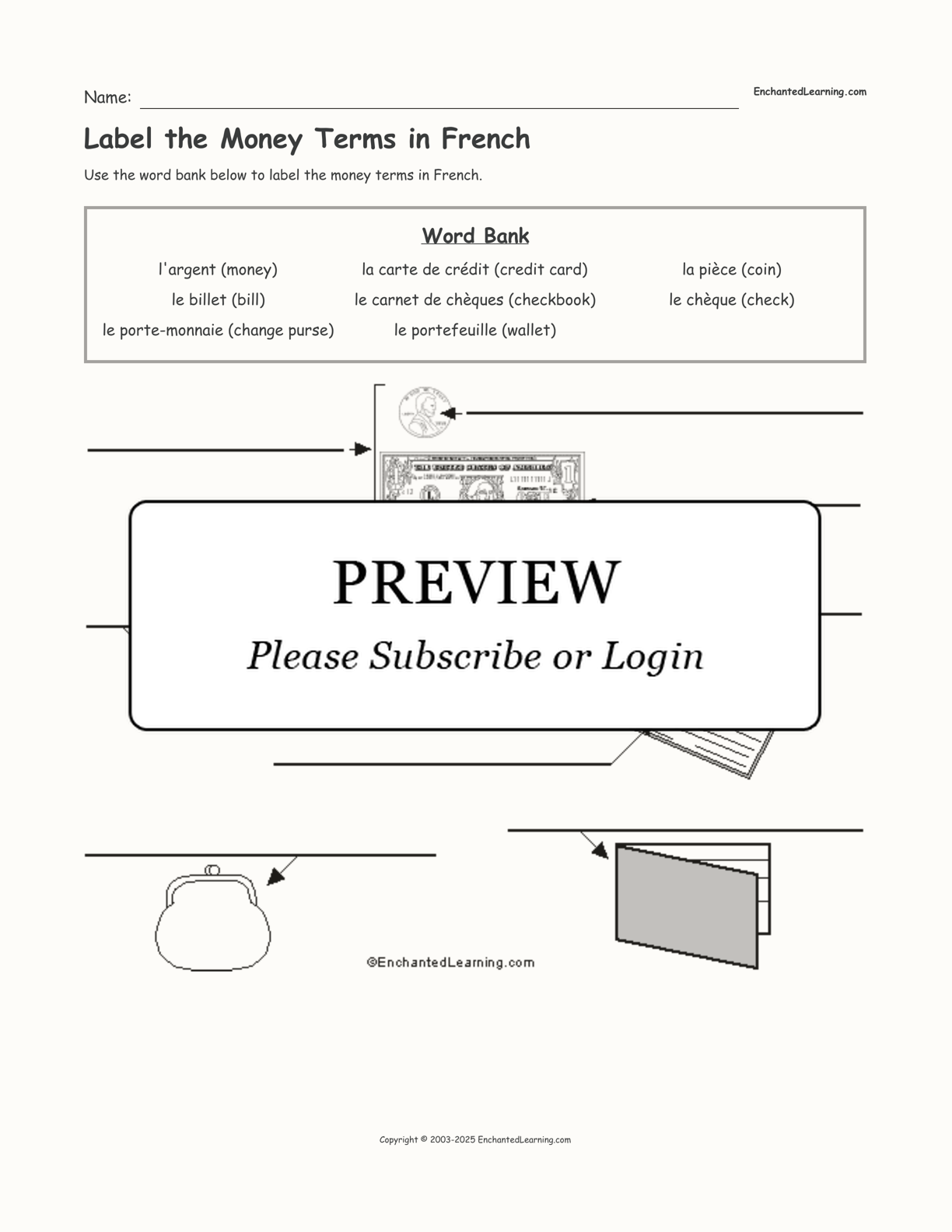 Label the Money Terms in French interactive worksheet page 1