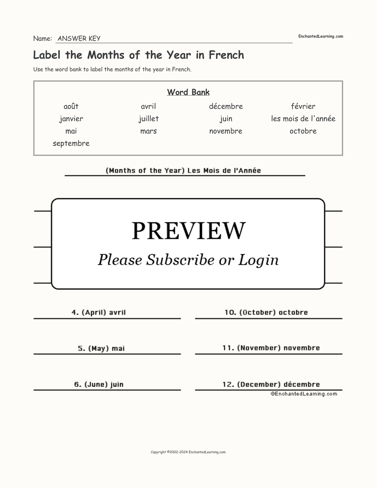 Label the Months of the Year in French interactive worksheet page 2