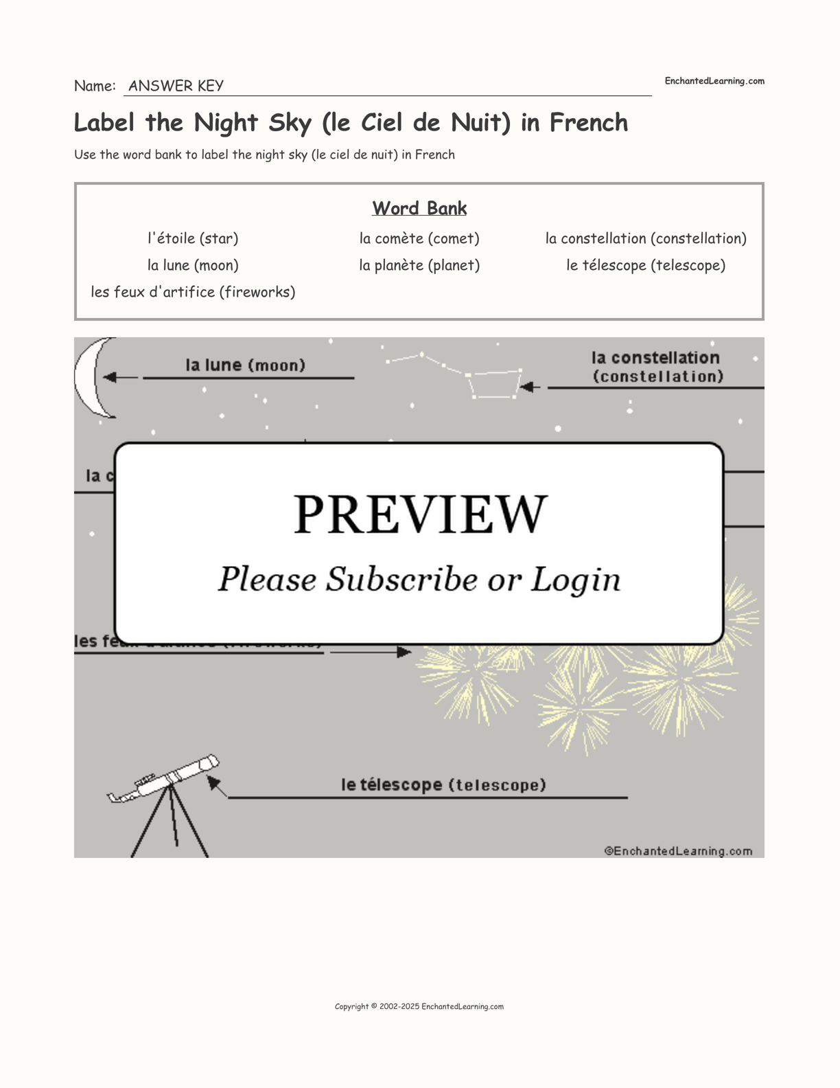 Label the Night Sky (le Ciel de Nuit) in French interactive worksheet page 2