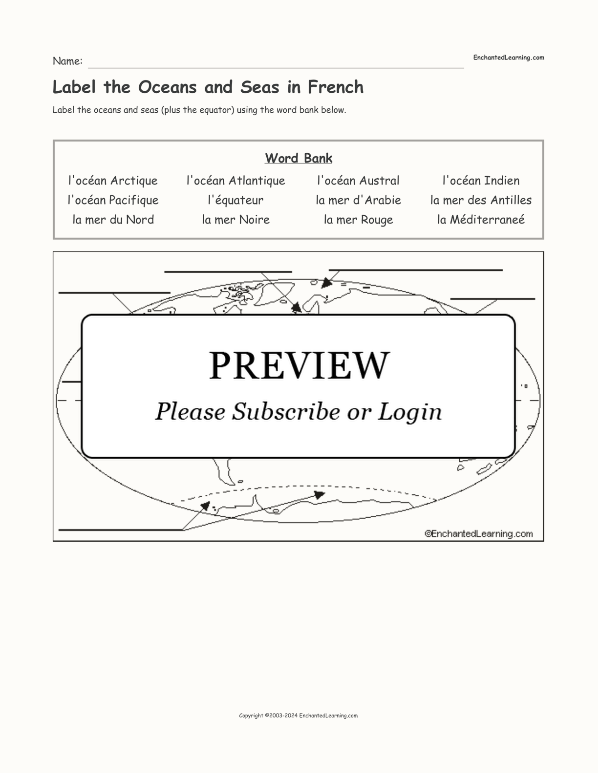 Label the Oceans and Seas in French interactive worksheet page 1