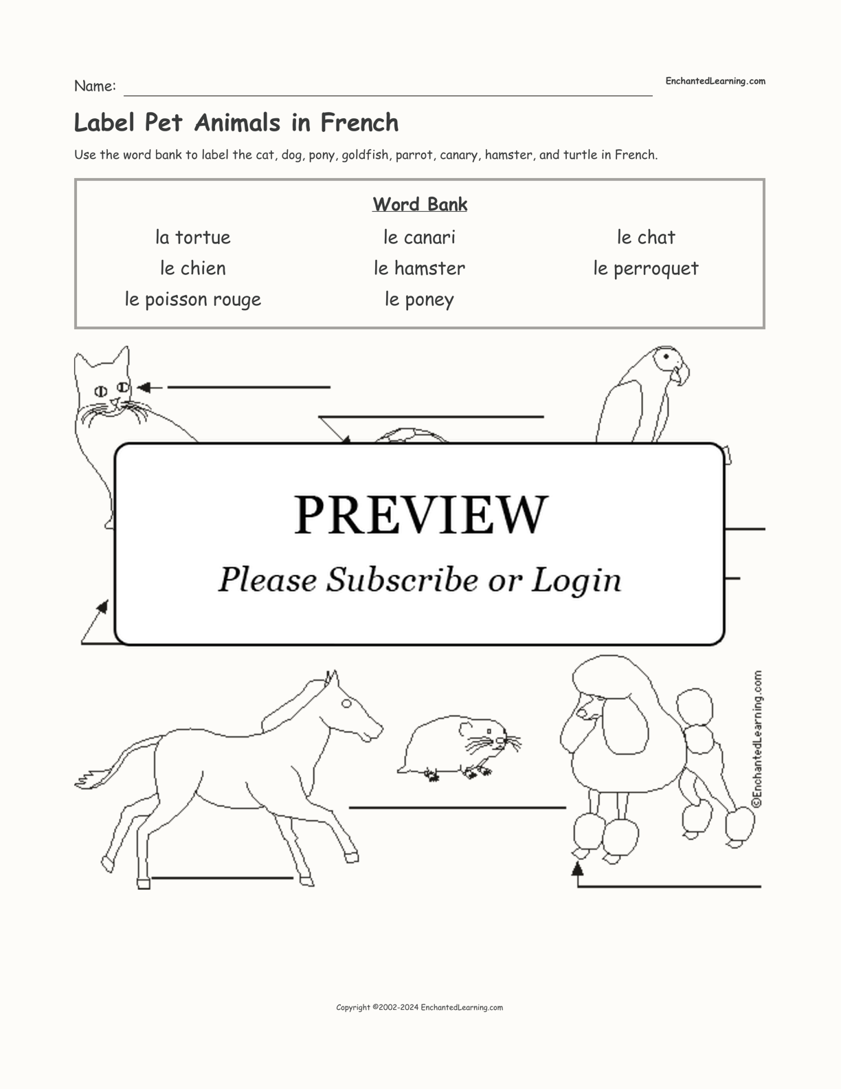 Label Pet Animals in French interactive worksheet page 1