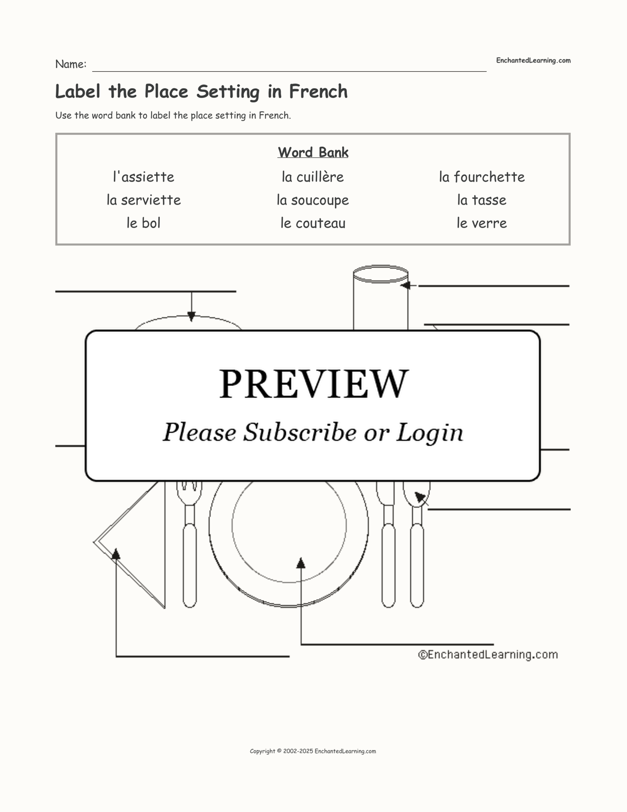 Label the Place Setting in French interactive worksheet page 1