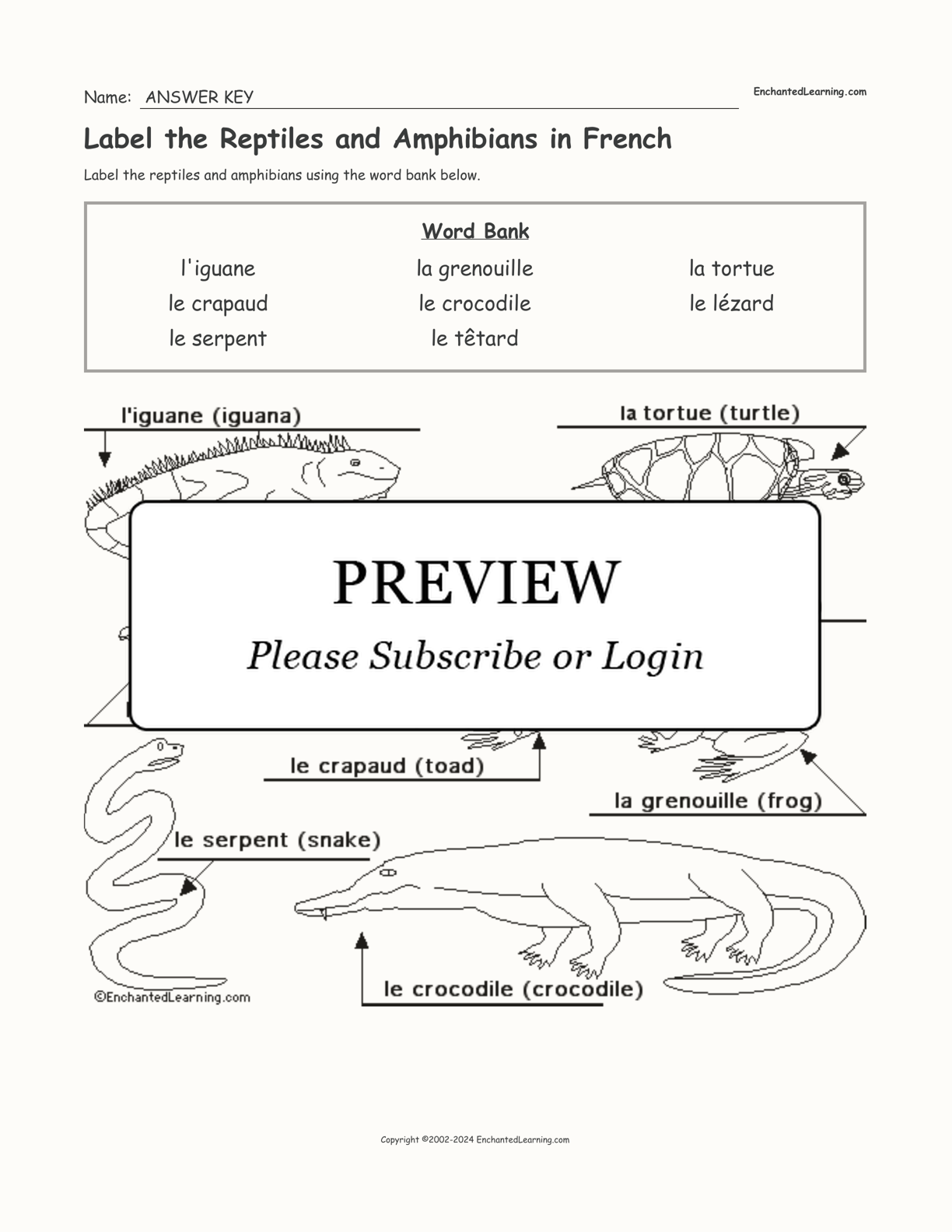 Label the Reptiles and Amphibians in French interactive worksheet page 2