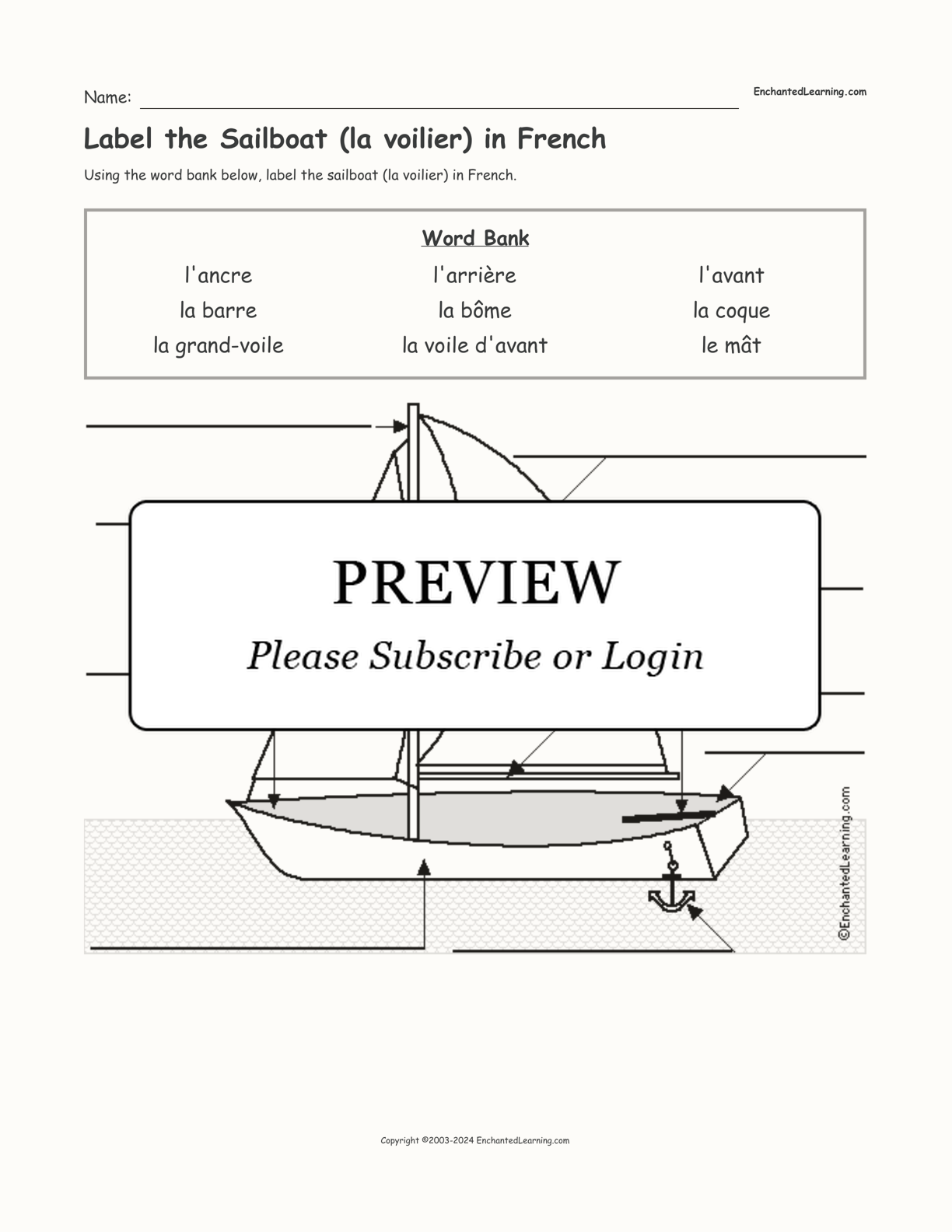 Label the Sailboat (la voilier) in French interactive worksheet page 1