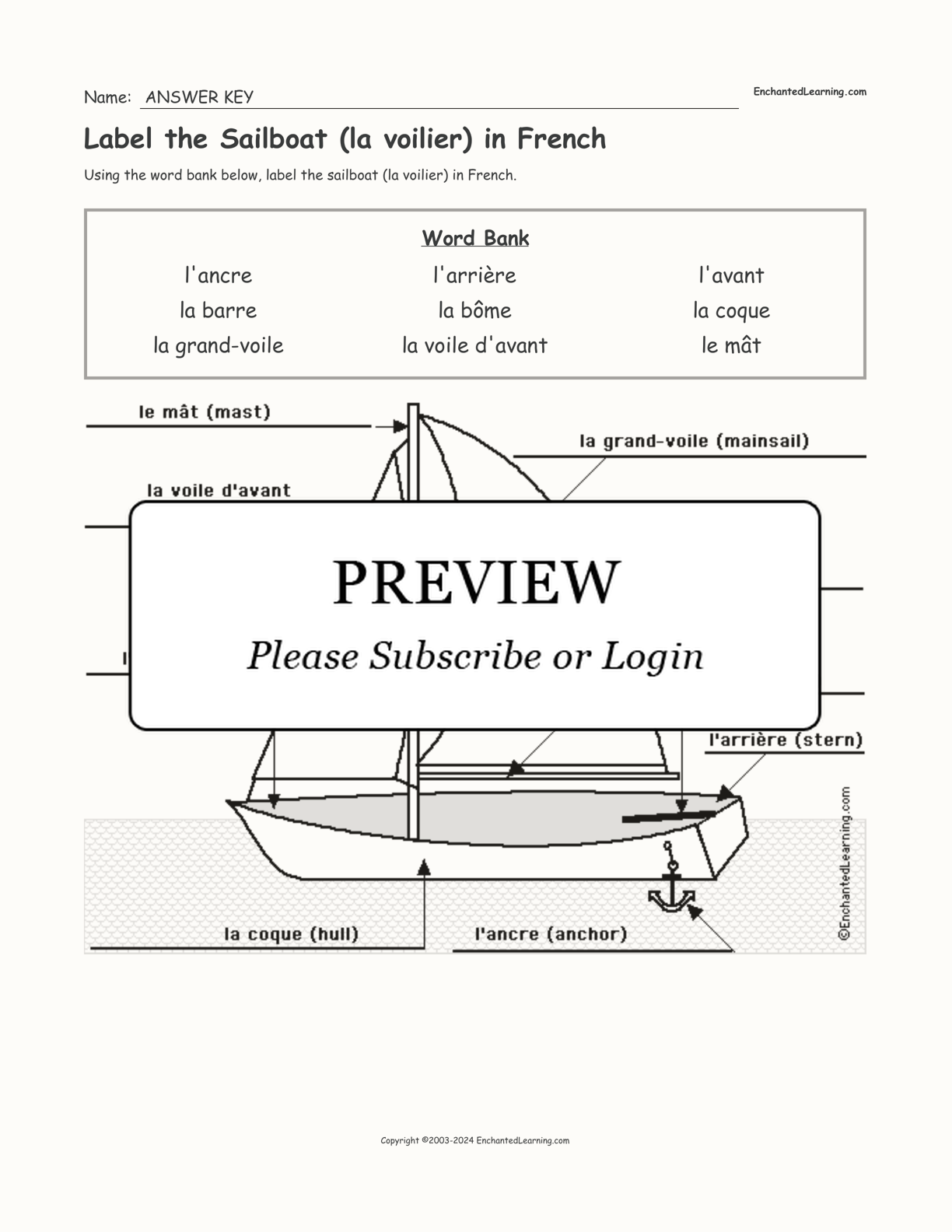 Label the Sailboat (la voilier) in French interactive worksheet page 2