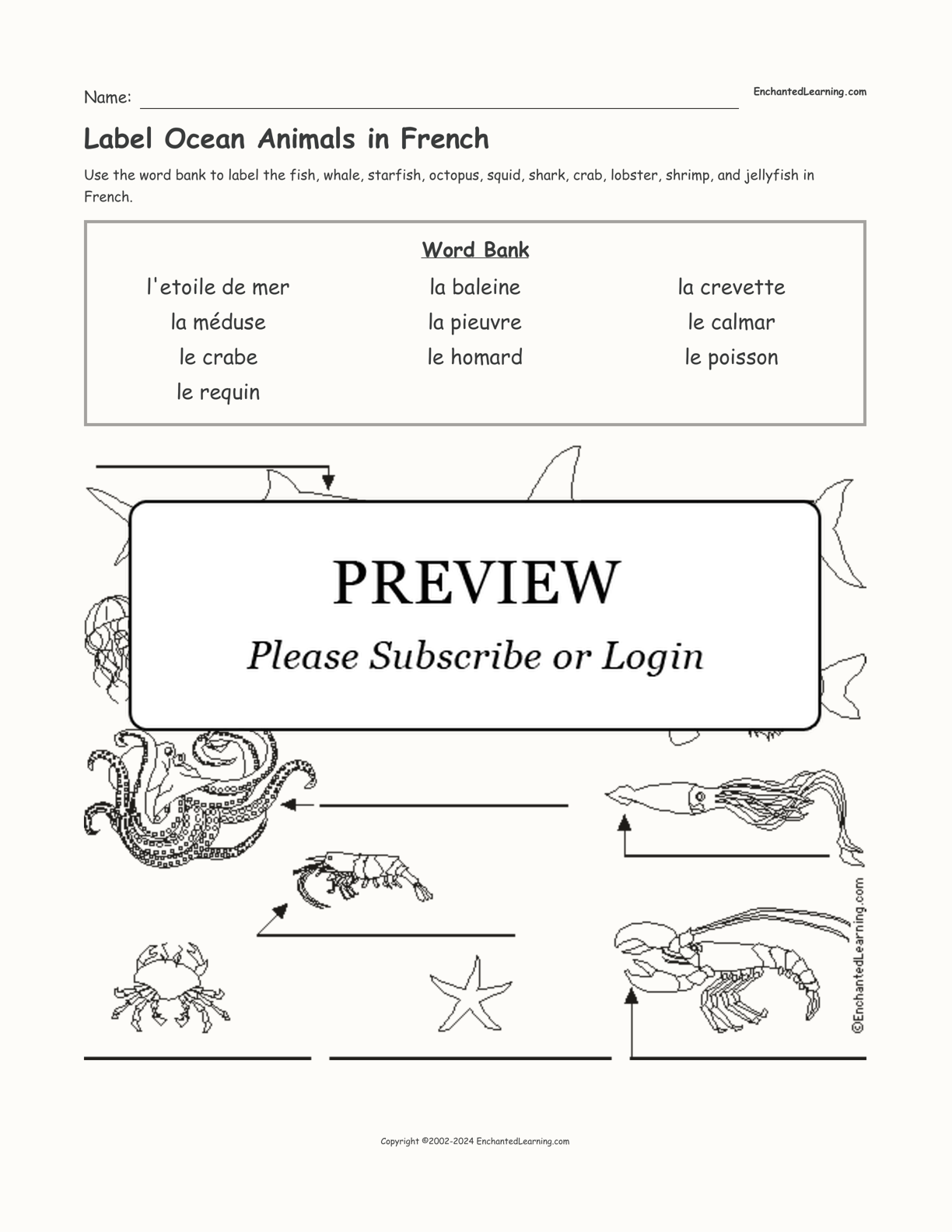 Label Ocean Animals in French interactive worksheet page 1