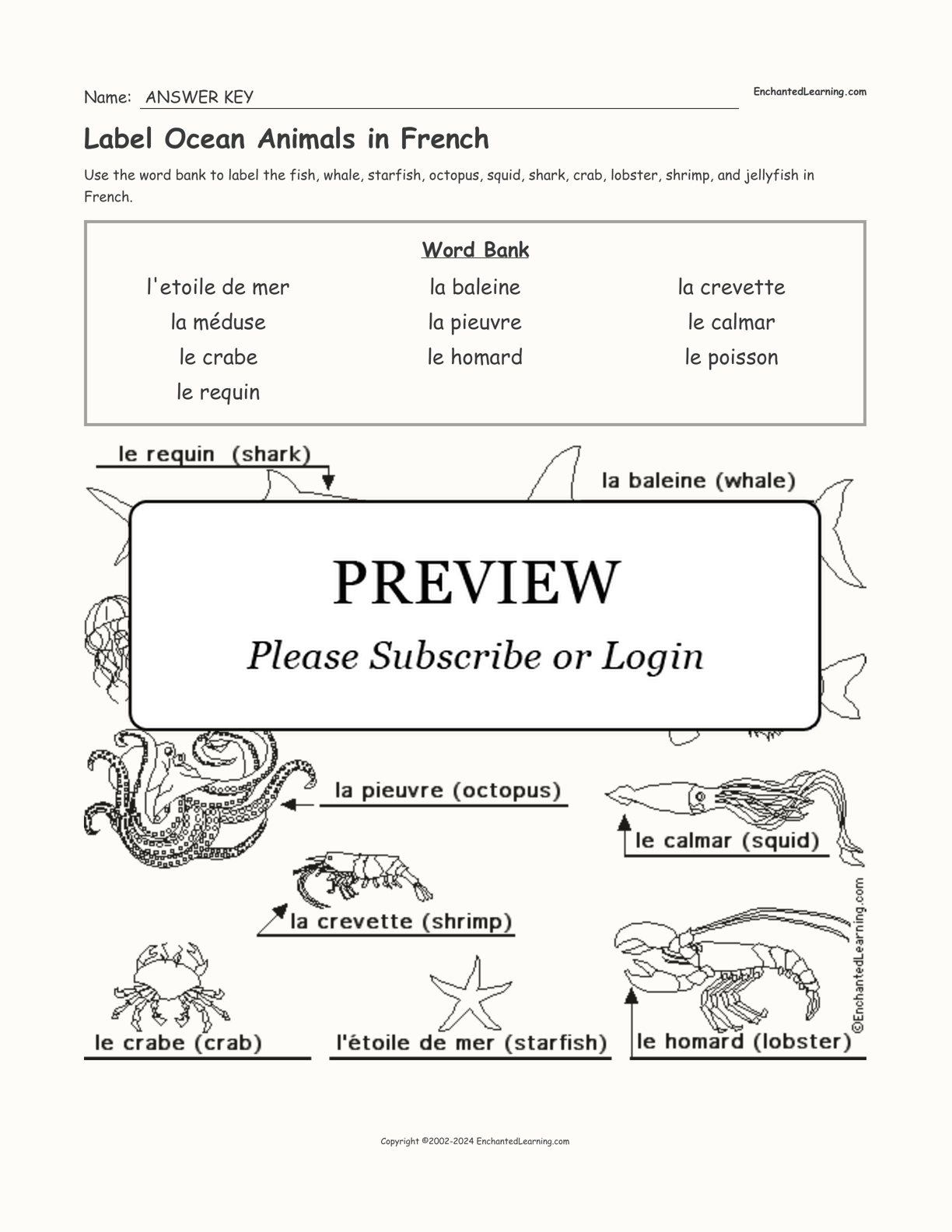 Label Ocean Animals in French interactive worksheet page 2