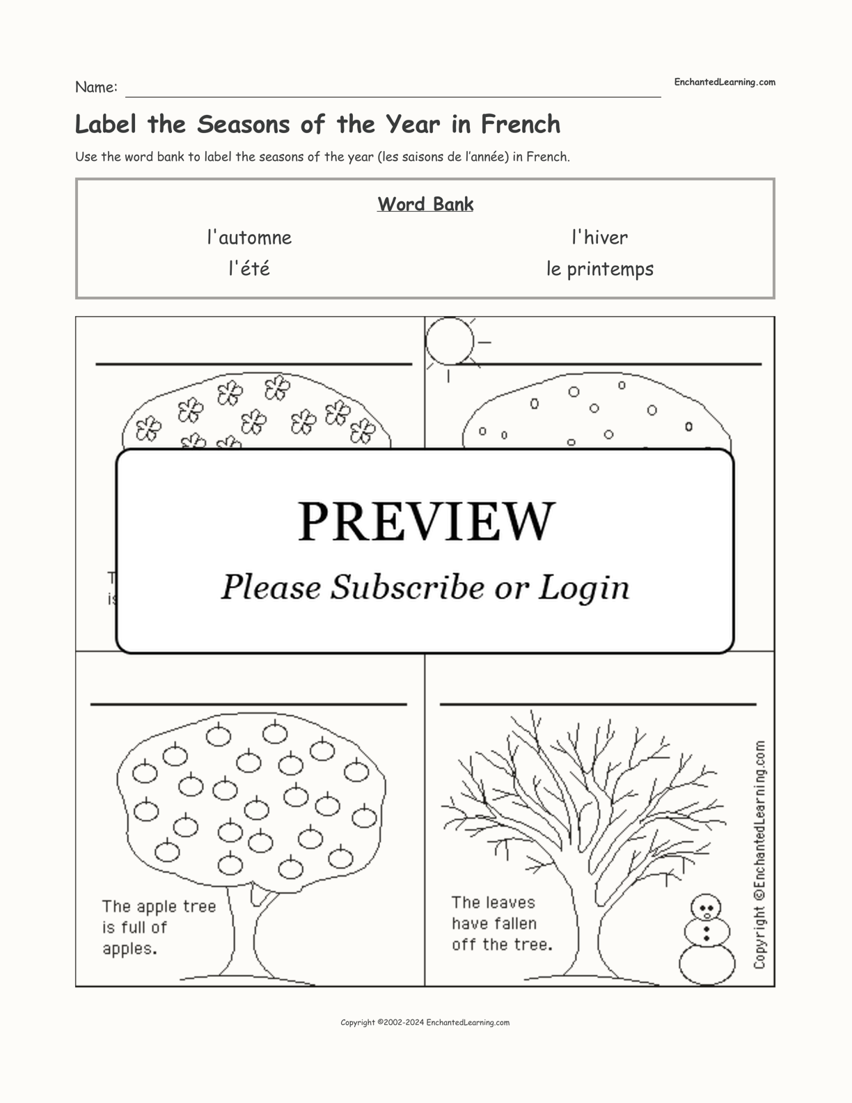 Label the Seasons of the Year in French interactive worksheet page 1
