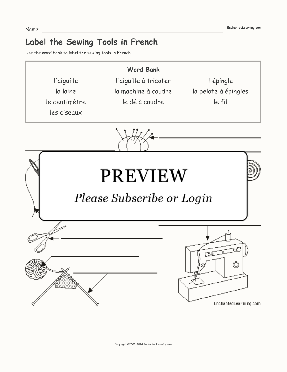 Label the Sewing Tools in French interactive worksheet page 1