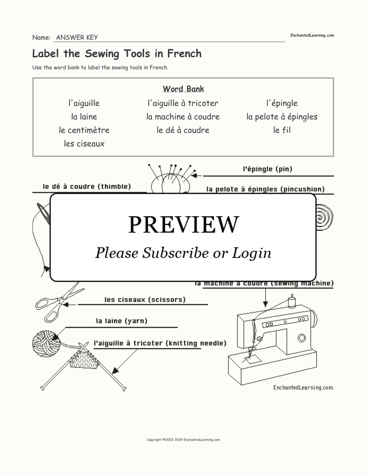 Label the Sewing Tools in French interactive worksheet page 2