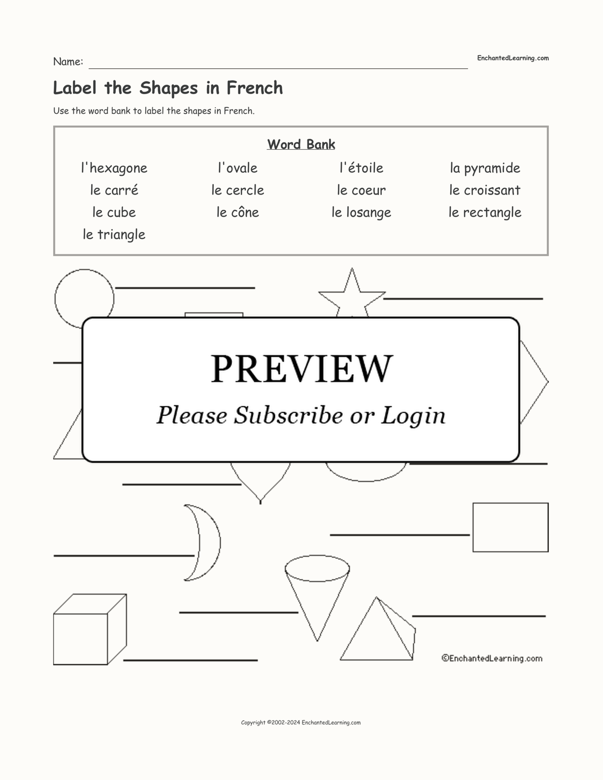 Label the Shapes in French interactive worksheet page 1