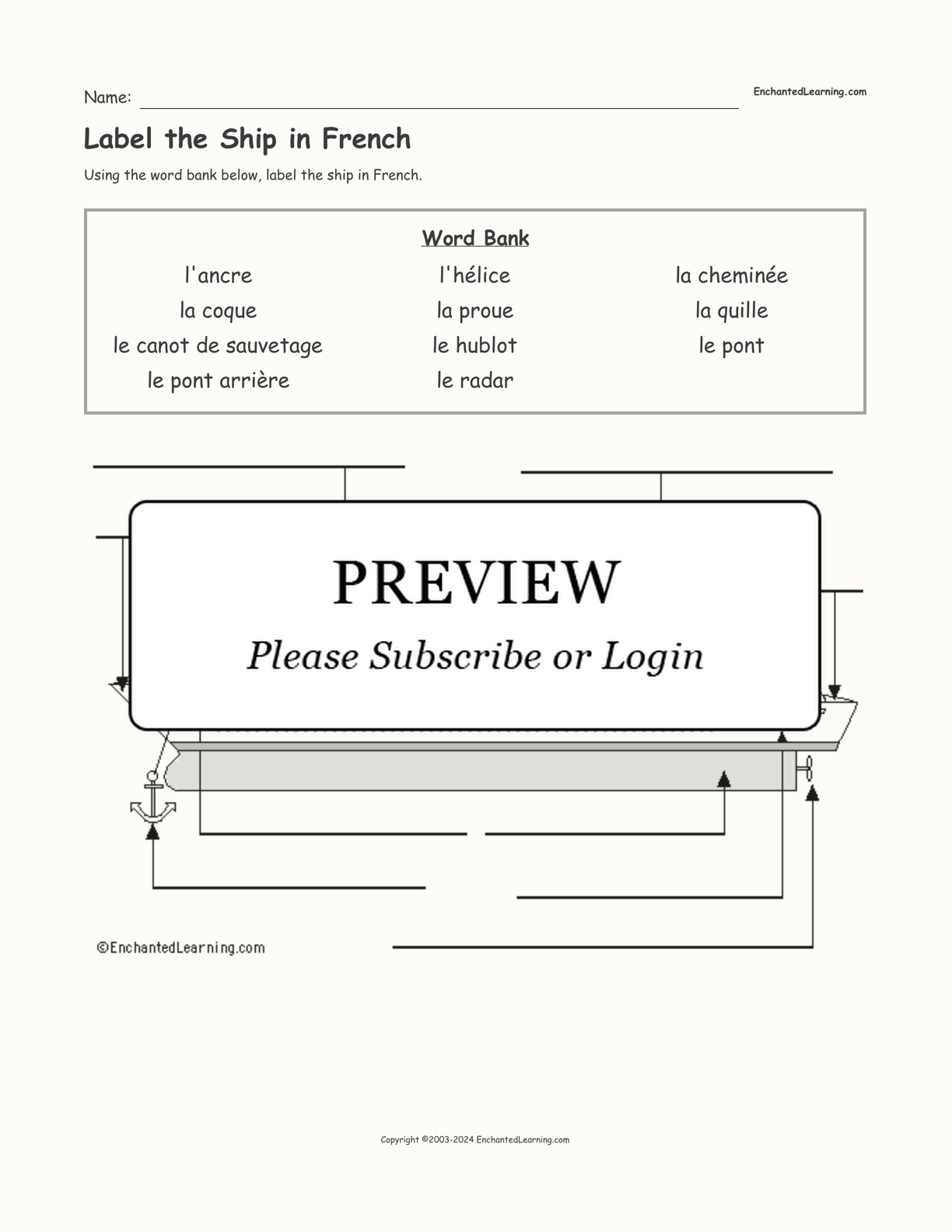 Label the Ship in French interactive worksheet page 1