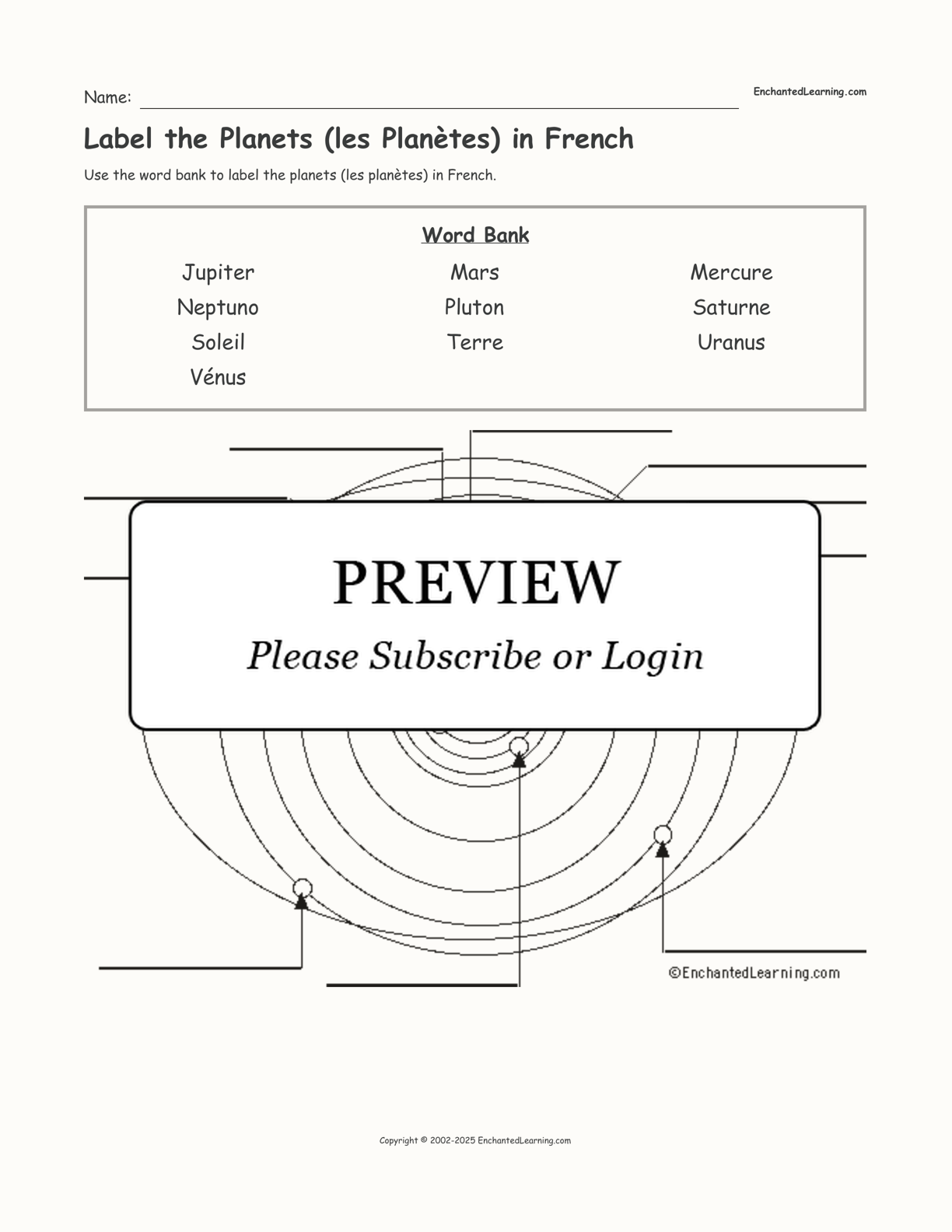 Label the Planets (les Planètes) in French interactive worksheet page 1