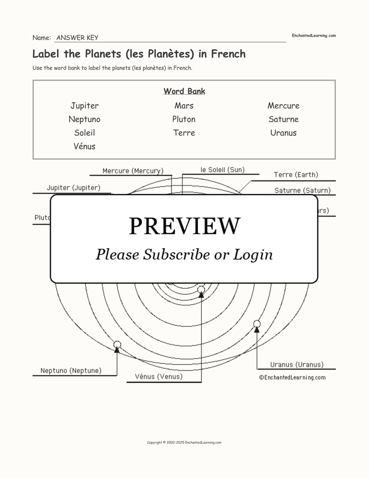 Label the Planets (les Planètes) in French interactive worksheet page 2